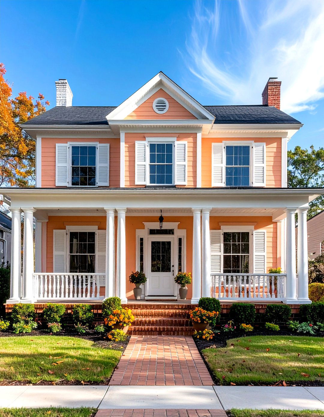 Peach Pink House Exterior with White Shutters - 20 Pink House Exterior Ideas