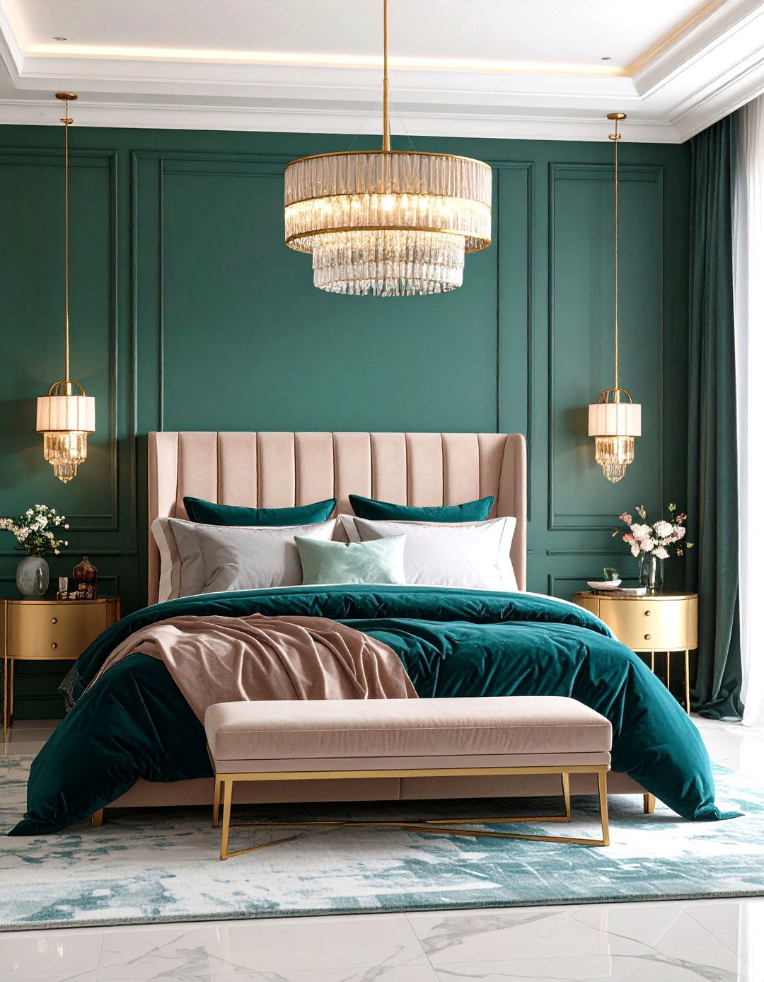 Peacock Blue and Forest Green Bedroom with Art Deco Style - 20 blue and green bedroom ideas