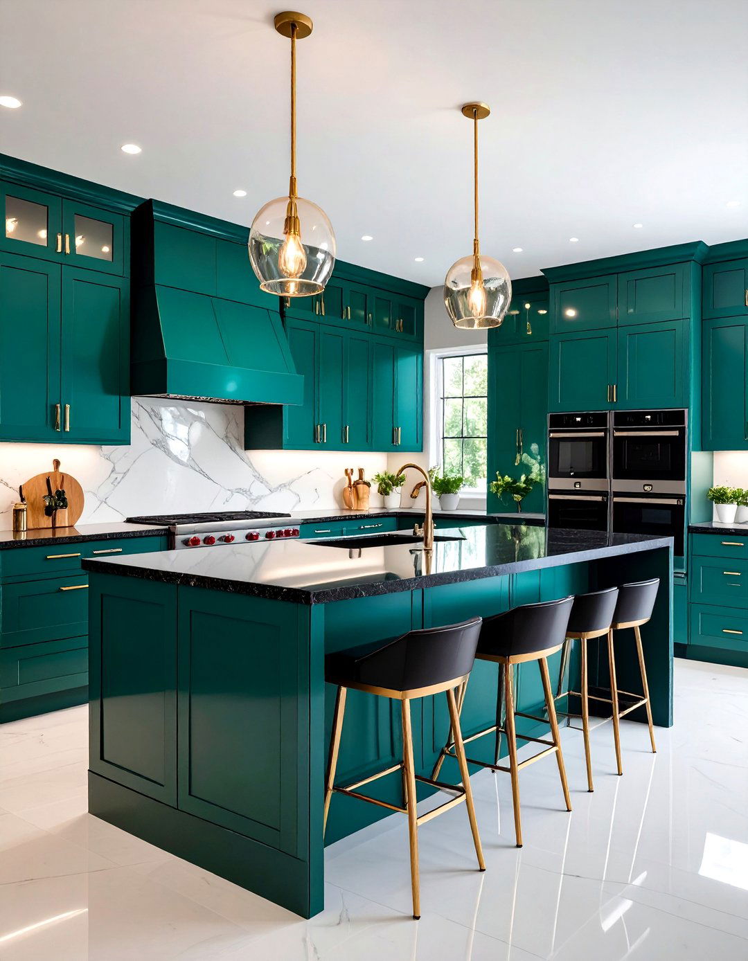 Peacock Green Glam With High Gloss Granite - 20 Green Kitchen Cabinets With Black Countertops
