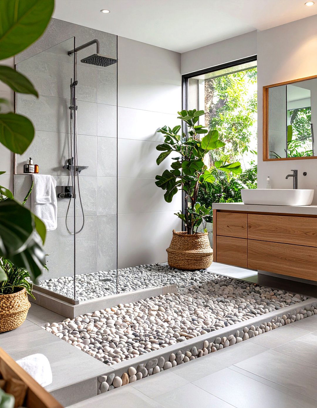 Pebble Effect Grey Tile Mosaic Shower Base - 20 Grey Tile Bathroom Ideas
