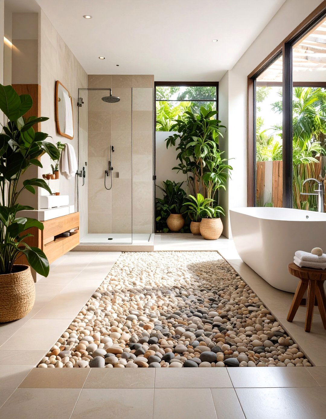 Pebble Floor Features for Bathroom Texture - 20 Cozy Bathroom Ideas