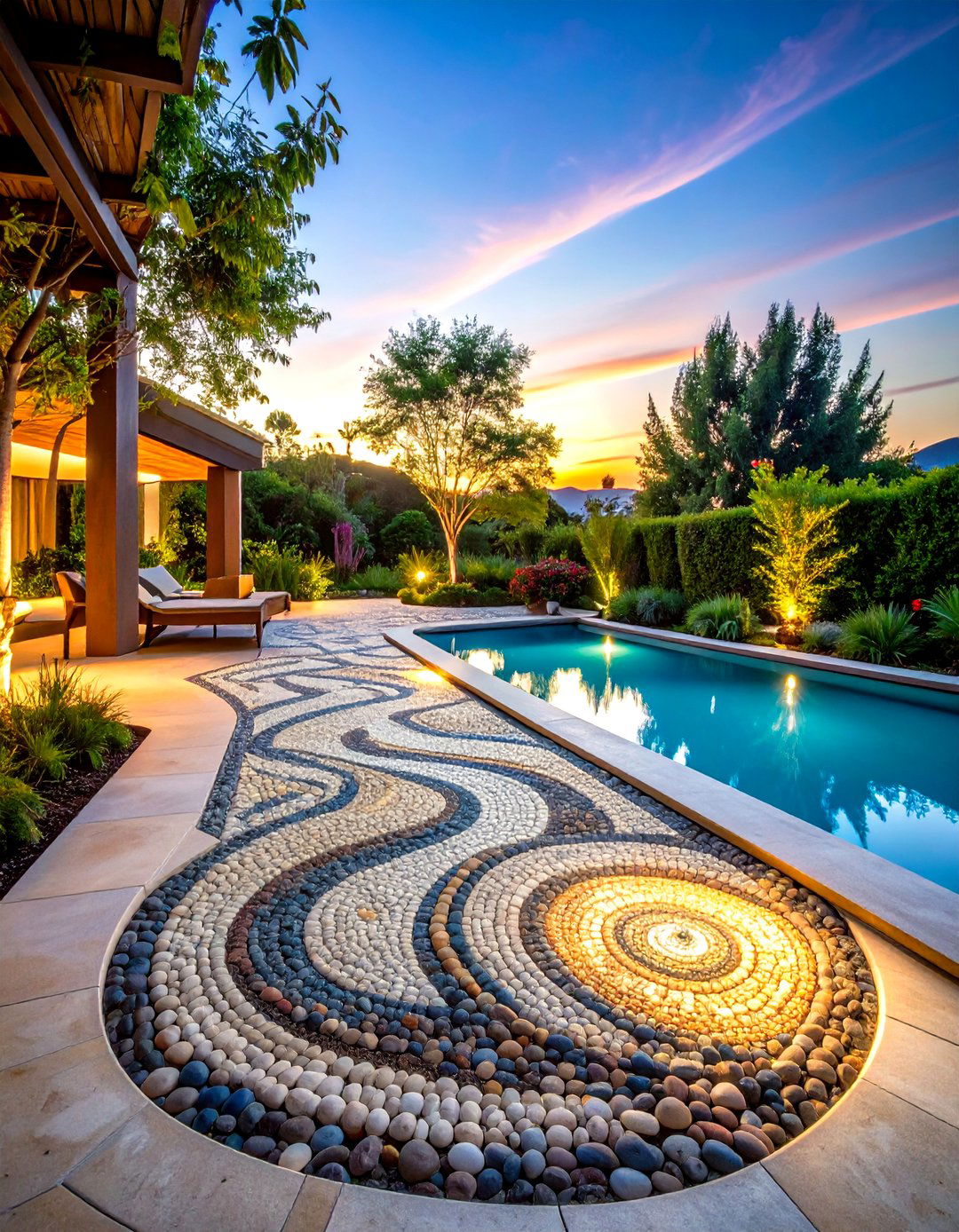 Pebble Mosaic Pool Walkway with Artistic Patterns - 20 Pool Walkway Ideas