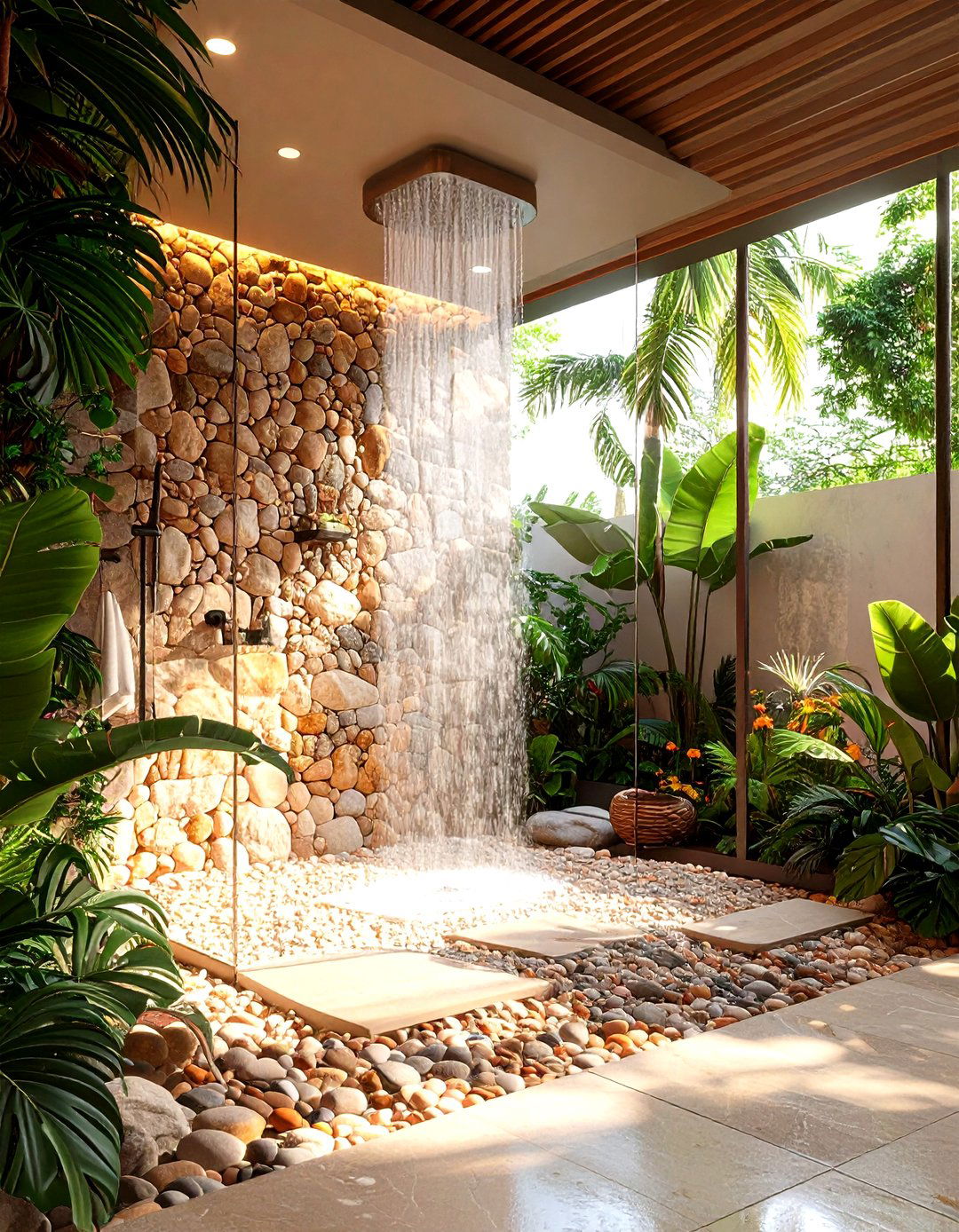 Pebble Stone Floor to Ceiling - 20 Shower Surround Ideas