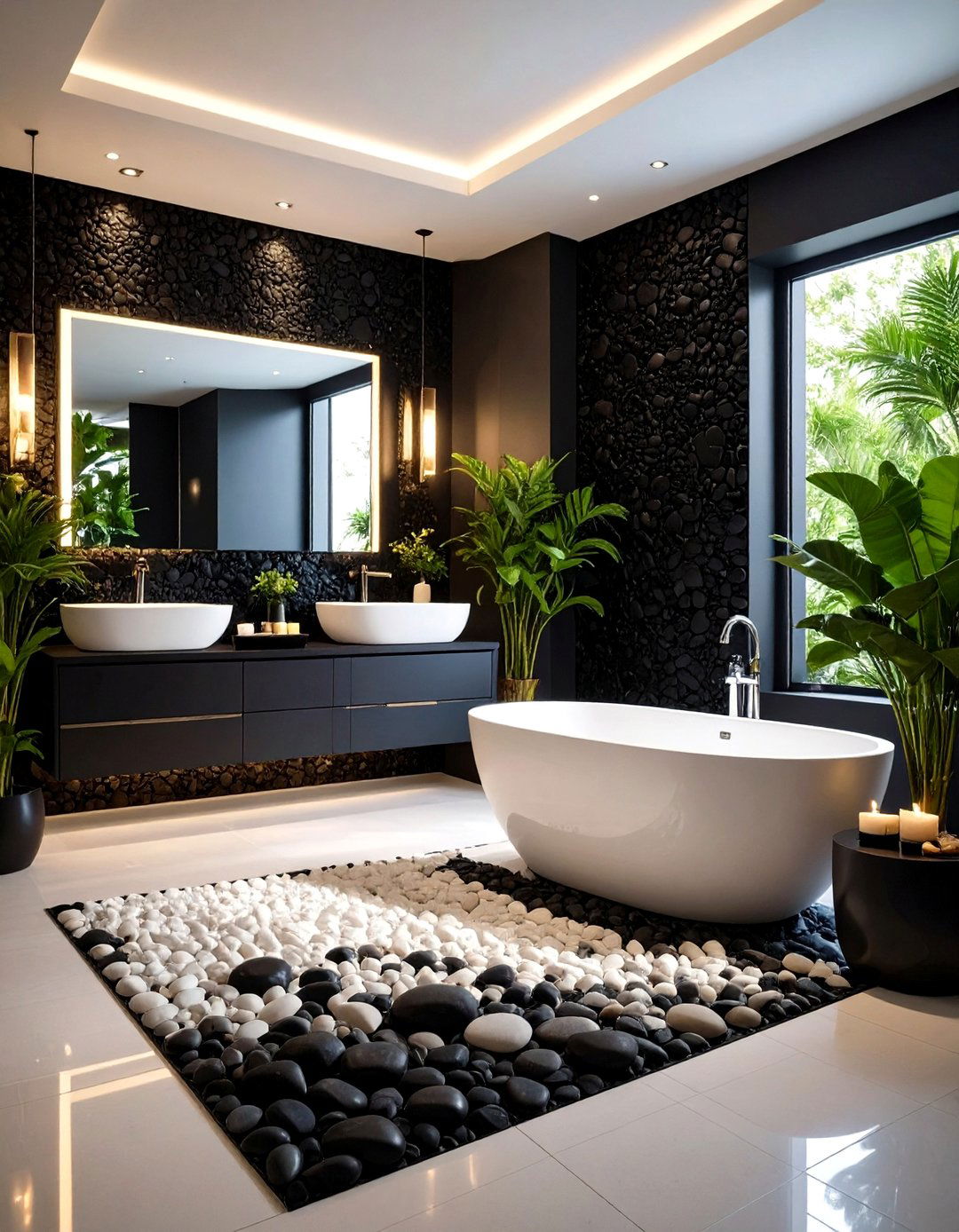 Pebble Tile High Contrast Dramatic Bathroom Statement - 20 Pebble Tile Bathroom Ideas
