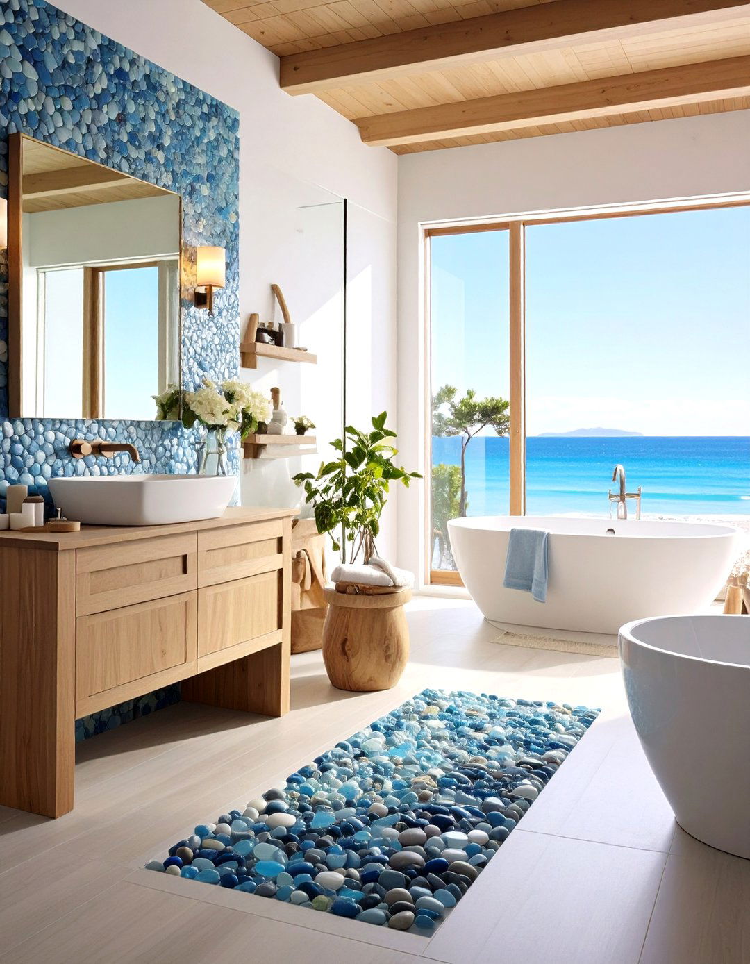 Pebble Tile Ocean Inspired Bathroom Walls - 20 Pebble Tile Bathroom Ideas