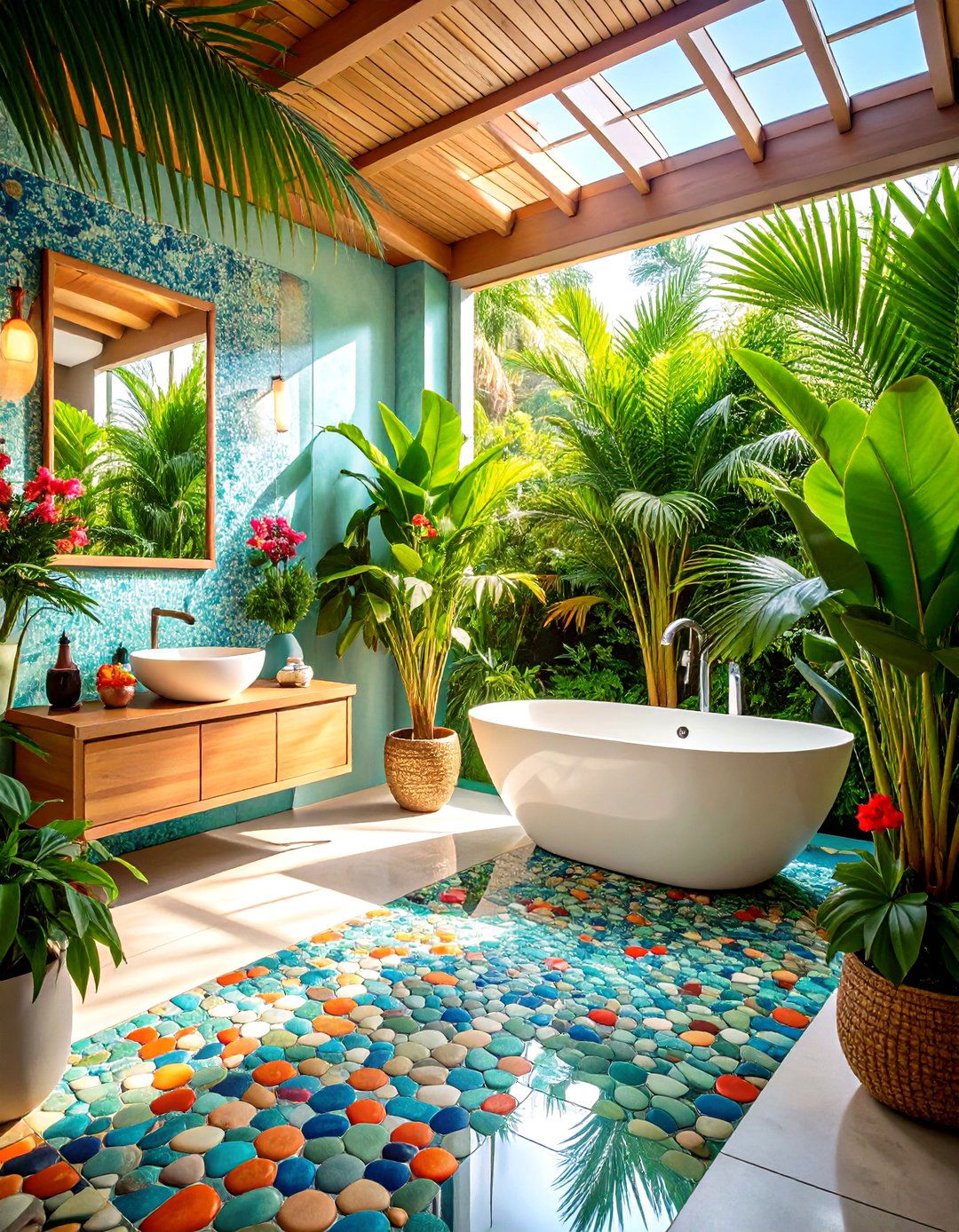 Pebble Tile Tropical Paradise Bathroom Oasis - 20 Pebble Tile Bathroom Ideas