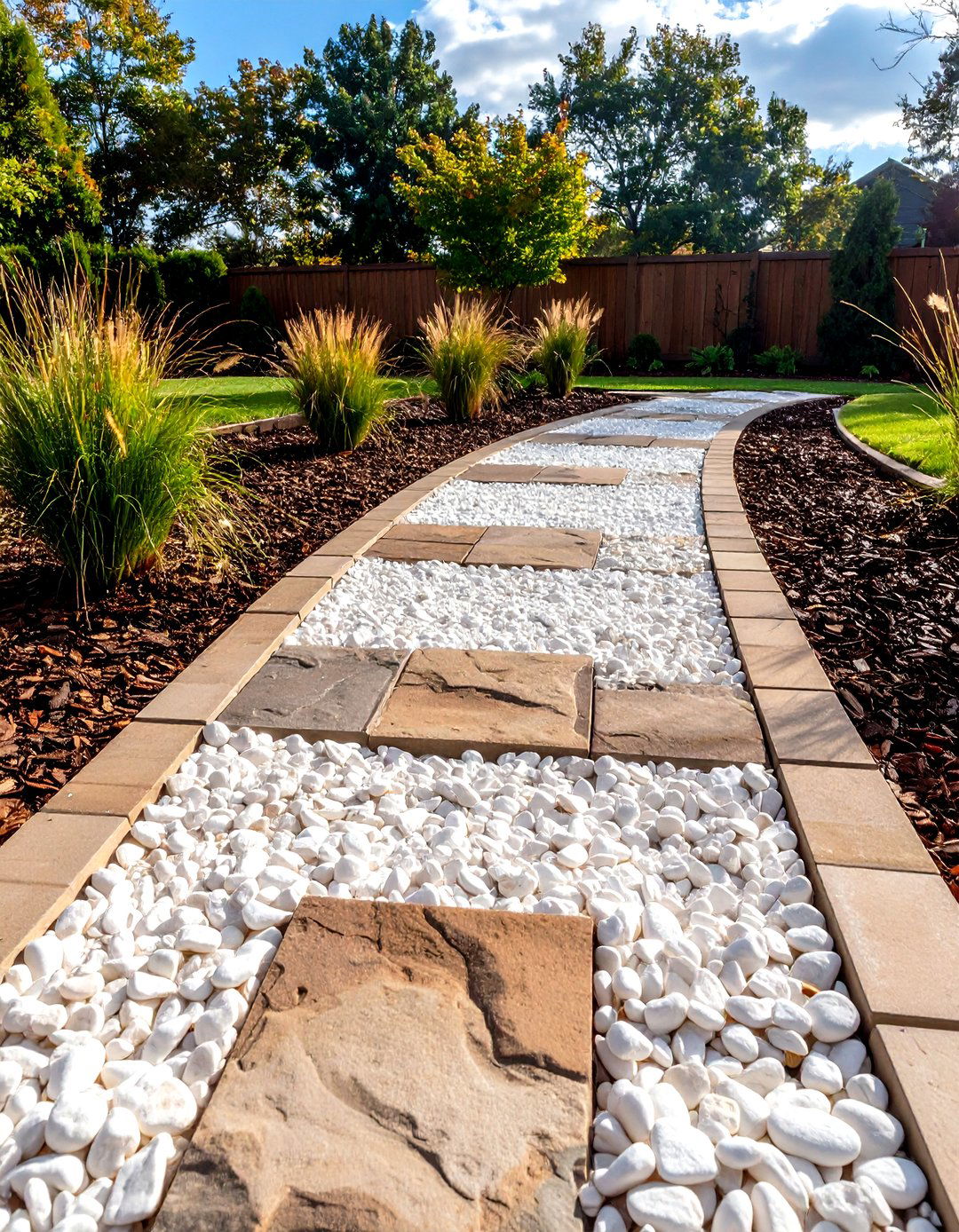 Pebble and Mulch Checkerboard Path - 20 Front Yard Landscaping Ideas With Rocks and Mulch