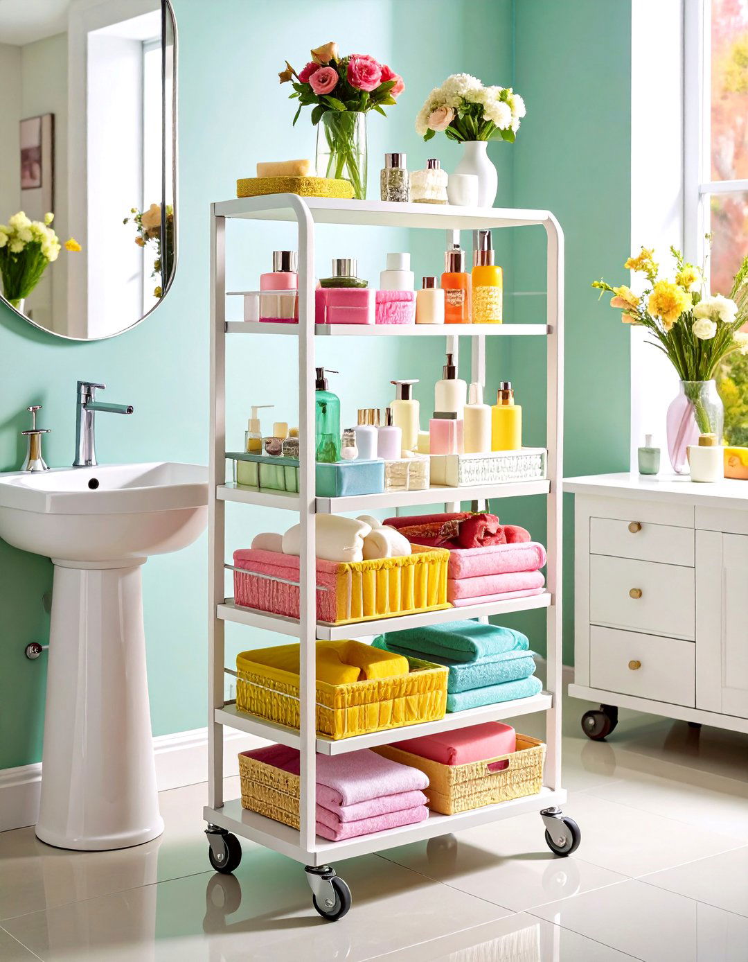 Pedestal Sink Rolling Cart Organization - 20 Pedestal Sink Storage Ideas
