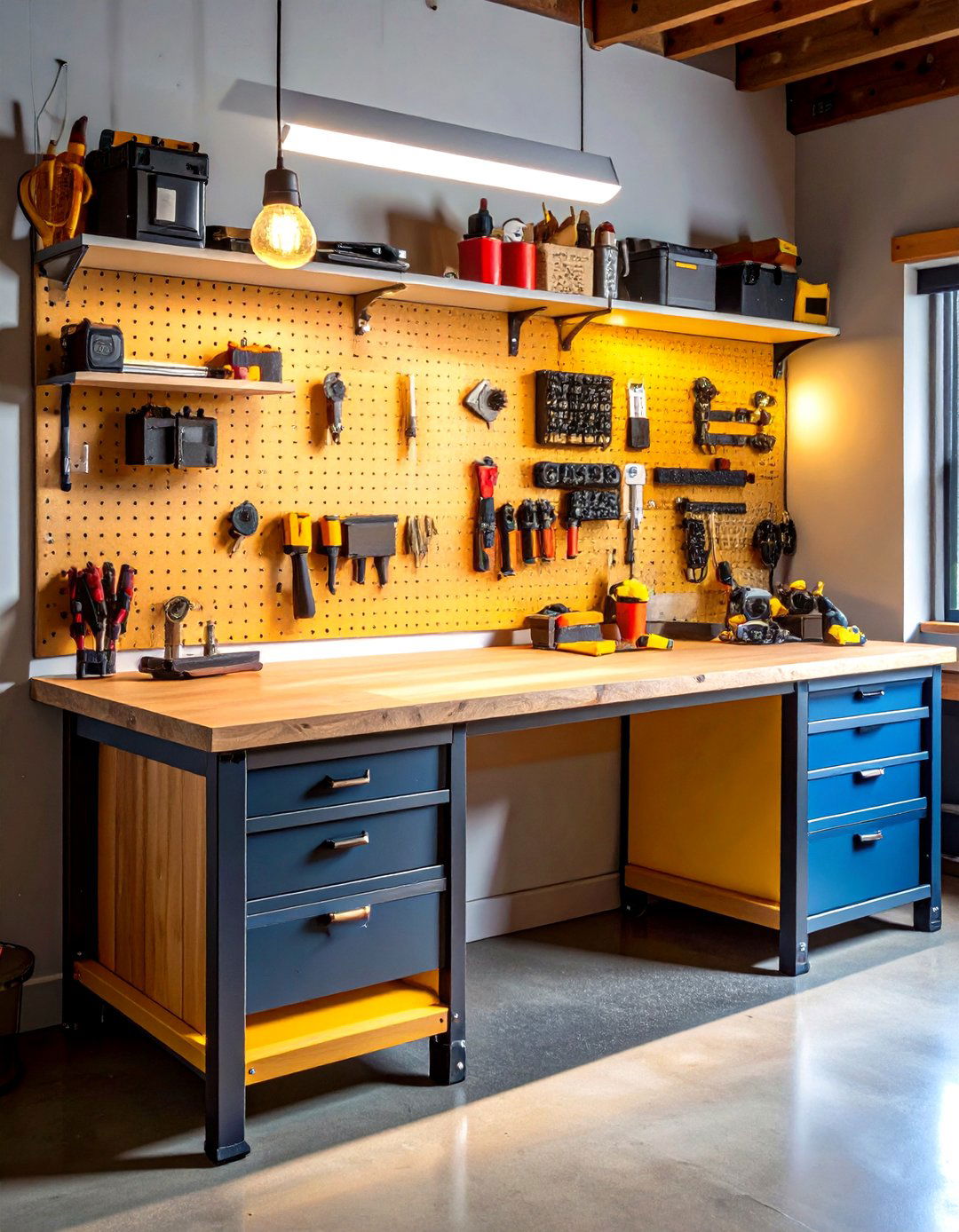 Pegboard Backed Workbench with Integrated Lighting - 20 Garage Workbench Ideas