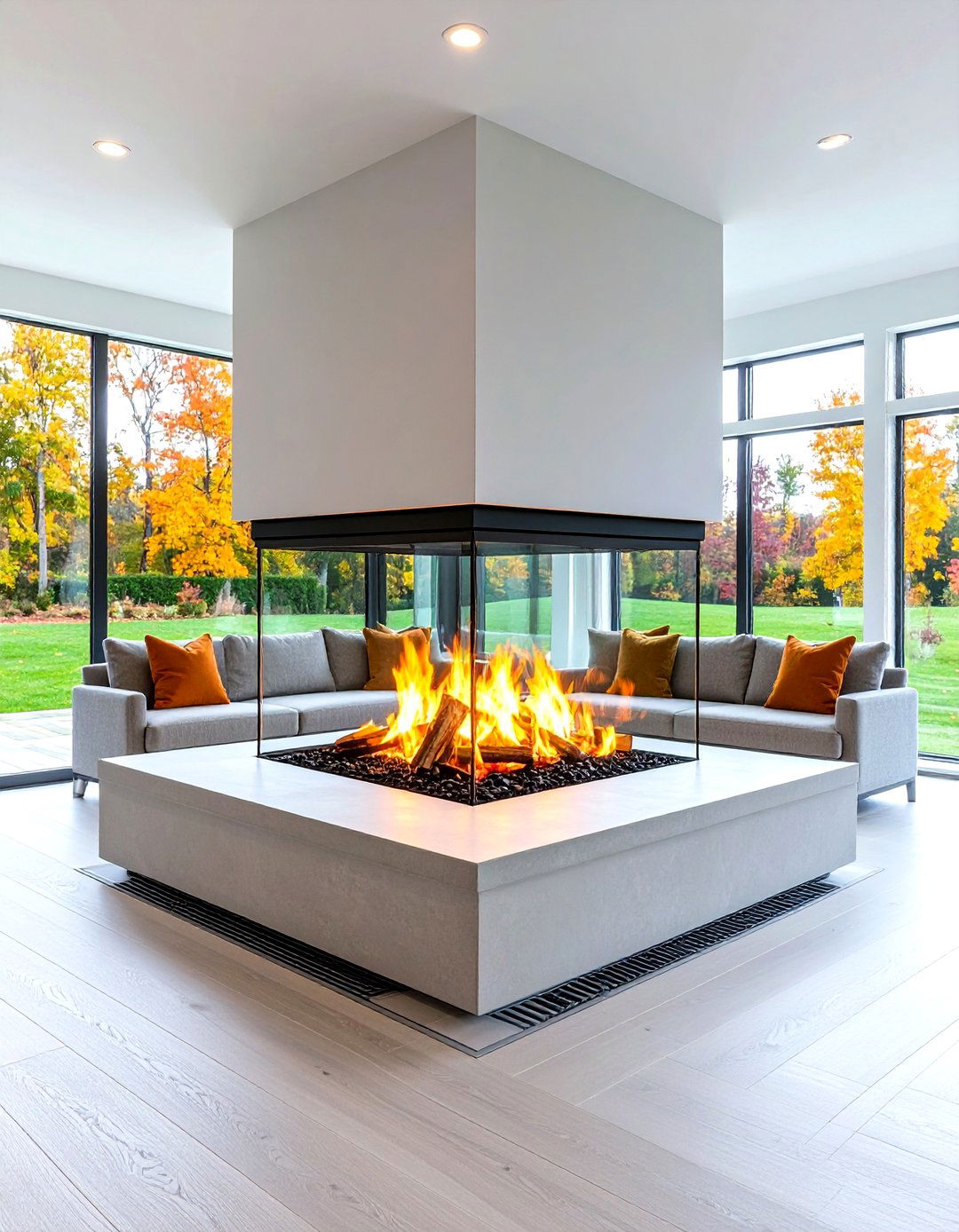 Peninsula Fireplace Framing a Conversation Pit - 20 Double-sided Fireplace Ideas