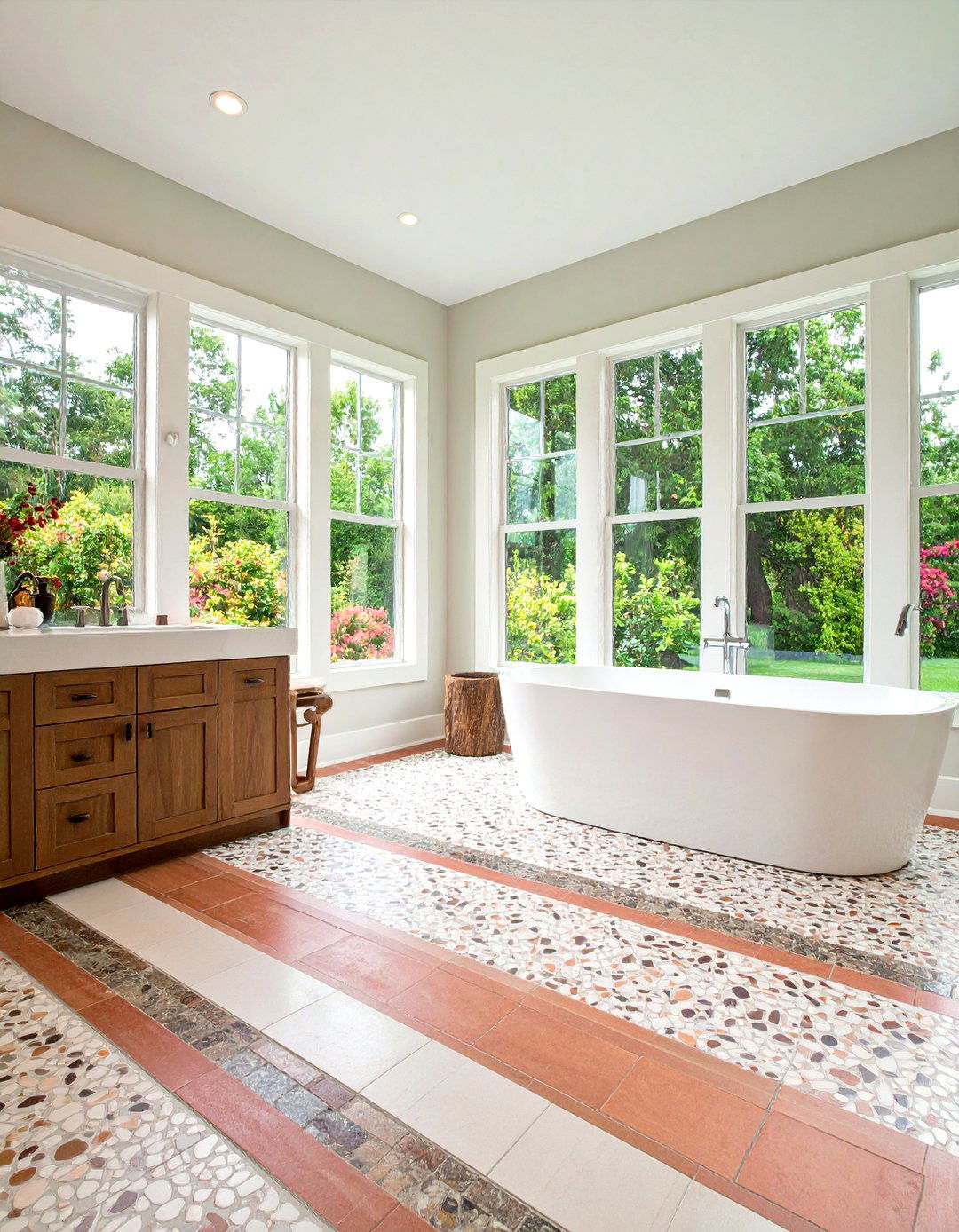 Penny Tile Floor with Accent Strip Design - 20 Penny Tile Bathroom Floor Ideas