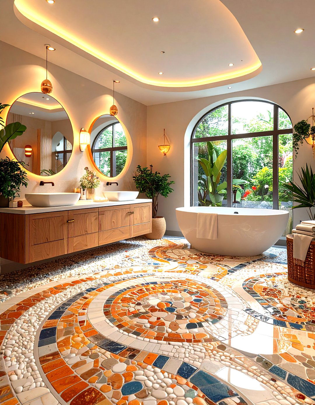 Penny Tile Floor with Curved Pattern Integration - 20 Penny Tile Bathroom Floor Ideas