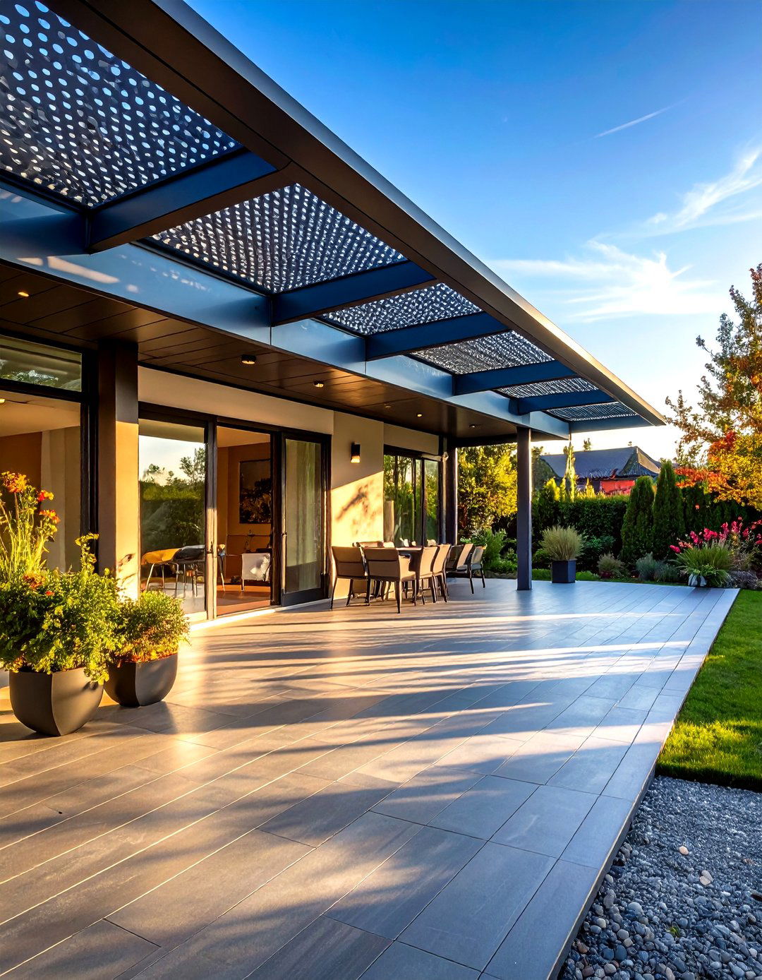 Perforated Metal Roof Porch with Dappled Light Effects - 20 Metal Roof Porch Design Ideas
