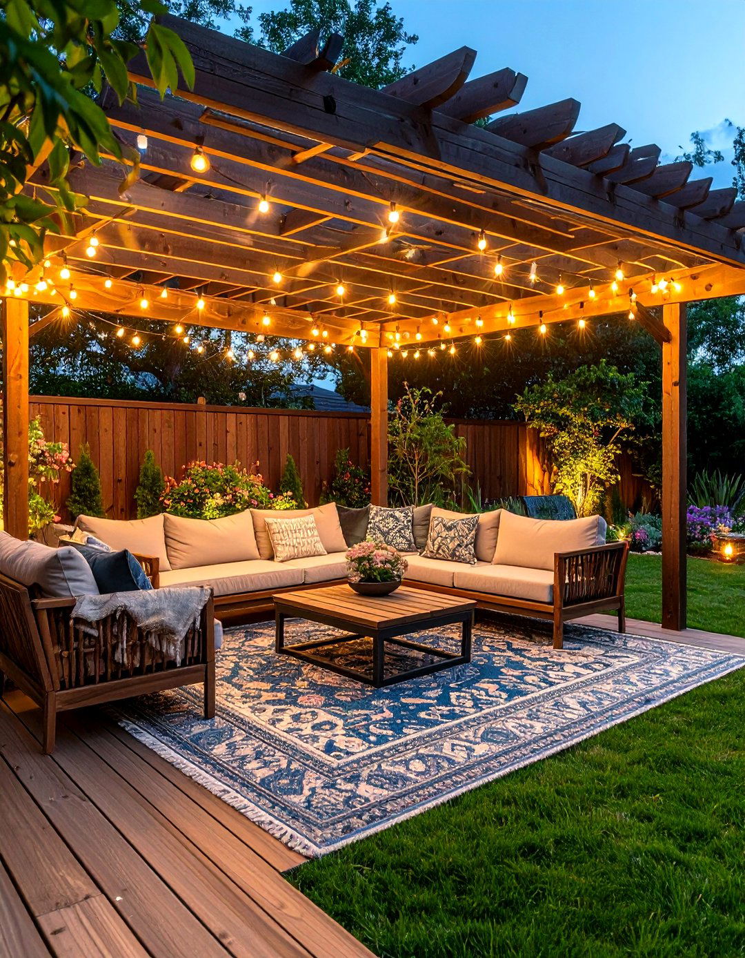 Pergola Framed Seating Defines a Shaded Deck Retreat - 20 Deck Furniture Ideas