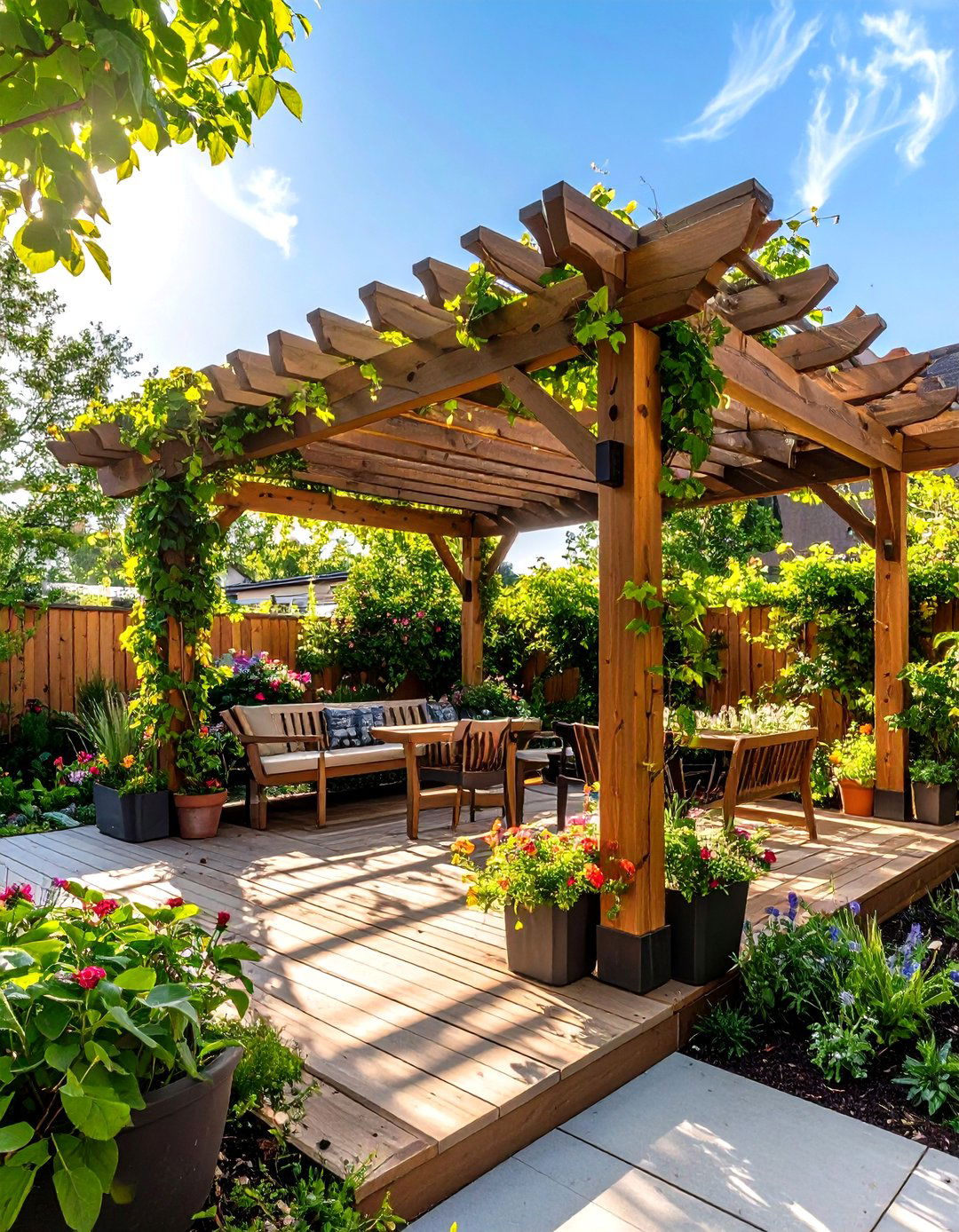 Pergola Integrated Tiers - 20 Tiered Garden Ideas