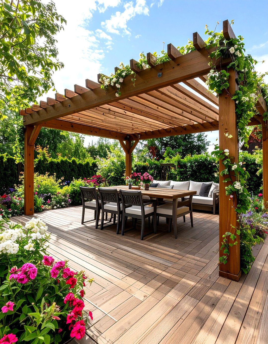 Pergola Style Wood Slat Deck Awning with Climbing Vines - 20 Deck Awning Ideas