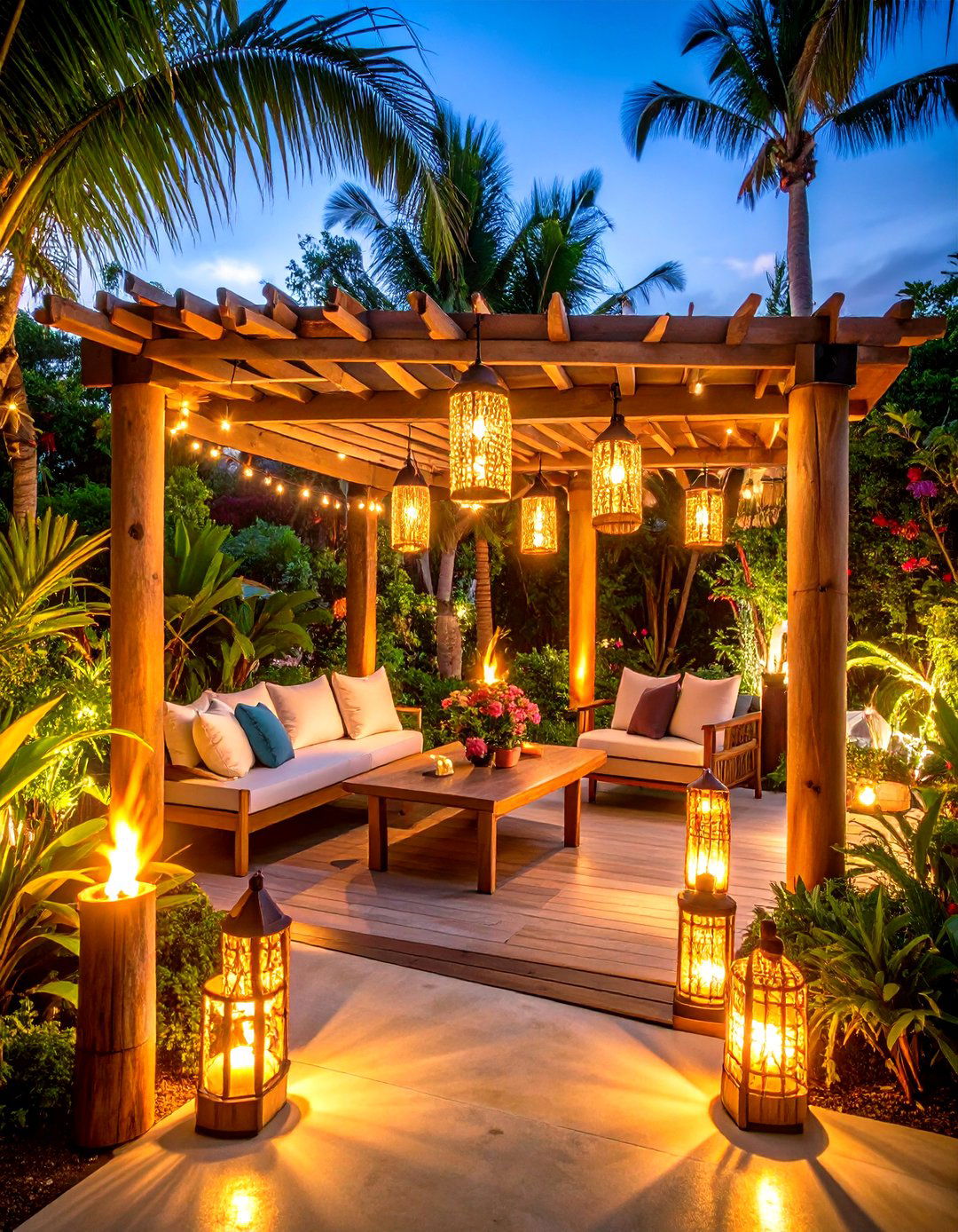 Pergola Tiki Torch Tropical Lighting - 20 Pergola Lighting Ideas