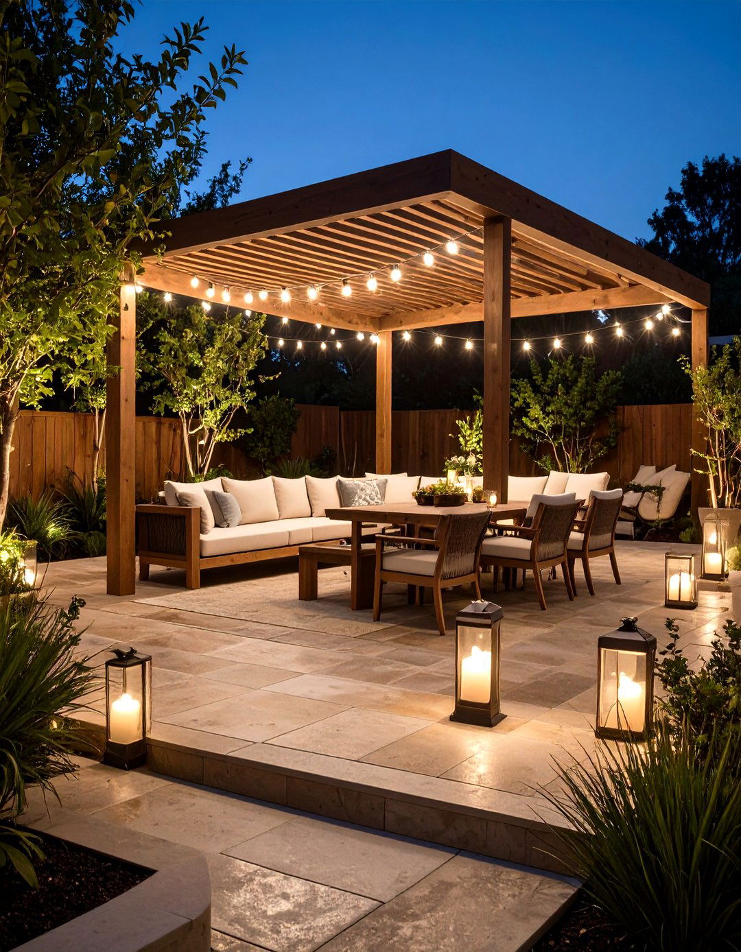 Pergola Topped Dining Deck Meets Stone Lounge Patio - 20 Deck and Patio Combination Ideas