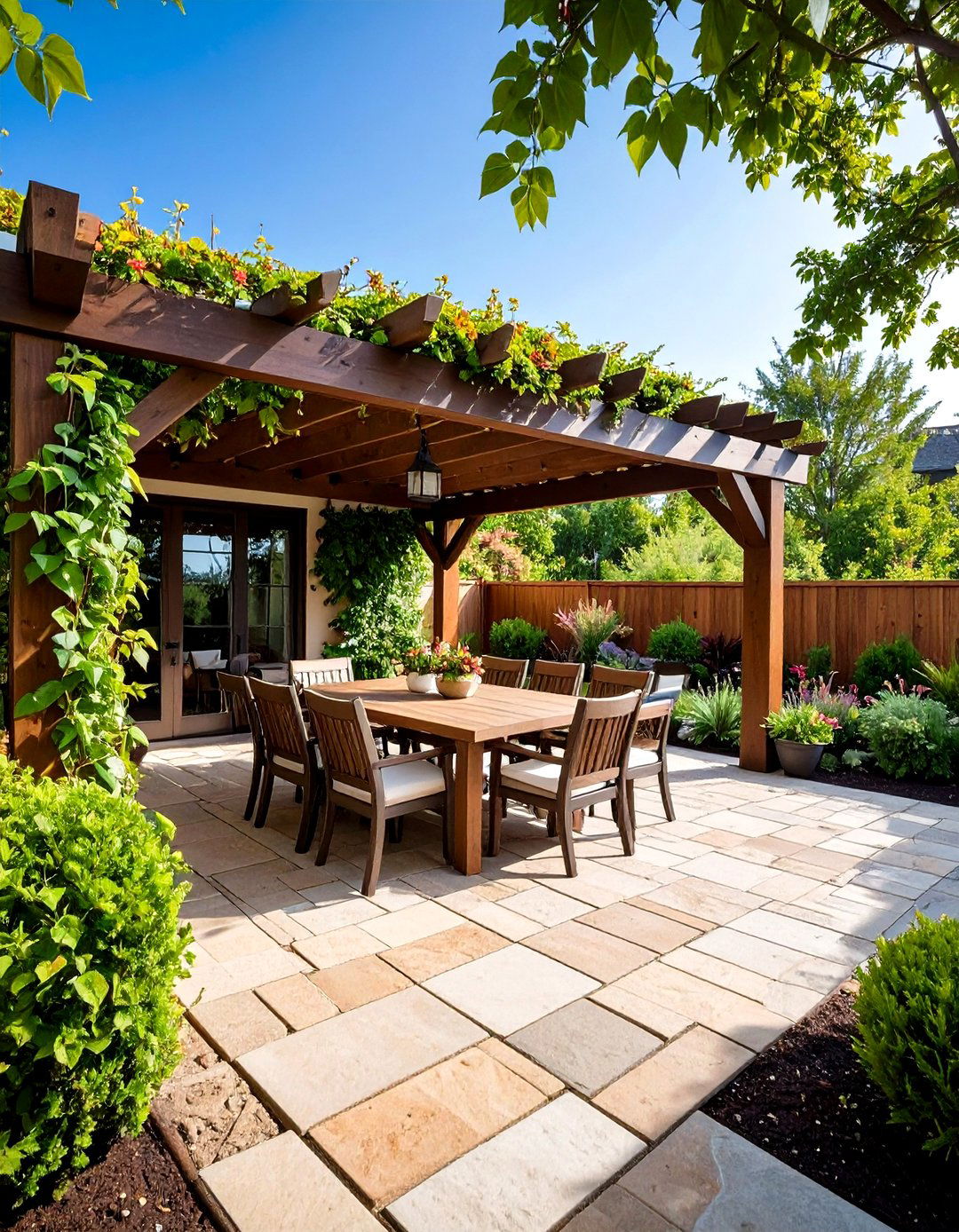 Pergola Topped Flagstone Patio Retreat - 20 Flagstone Patio Ideas