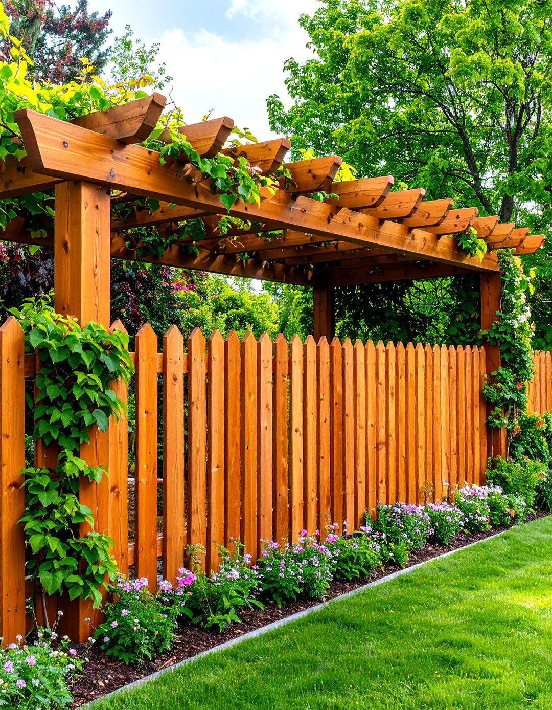 Pergola Topped Wood Fence Structure Design - 20 Wood Fence Ideas