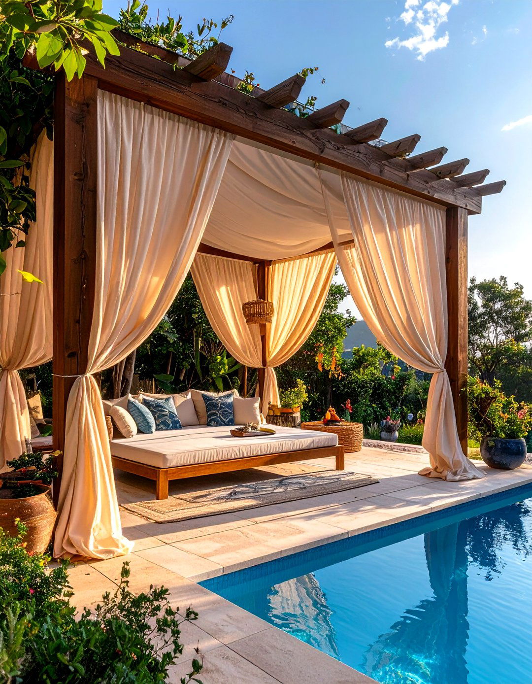 Pergola with Drapery - 20 Pool Decor Ideas