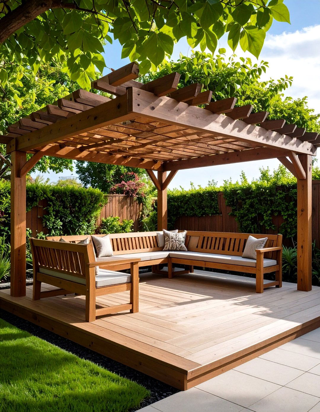 Pergola with Integrated Seating Shaded Garden Seating - 20 Garden Seating Ideas