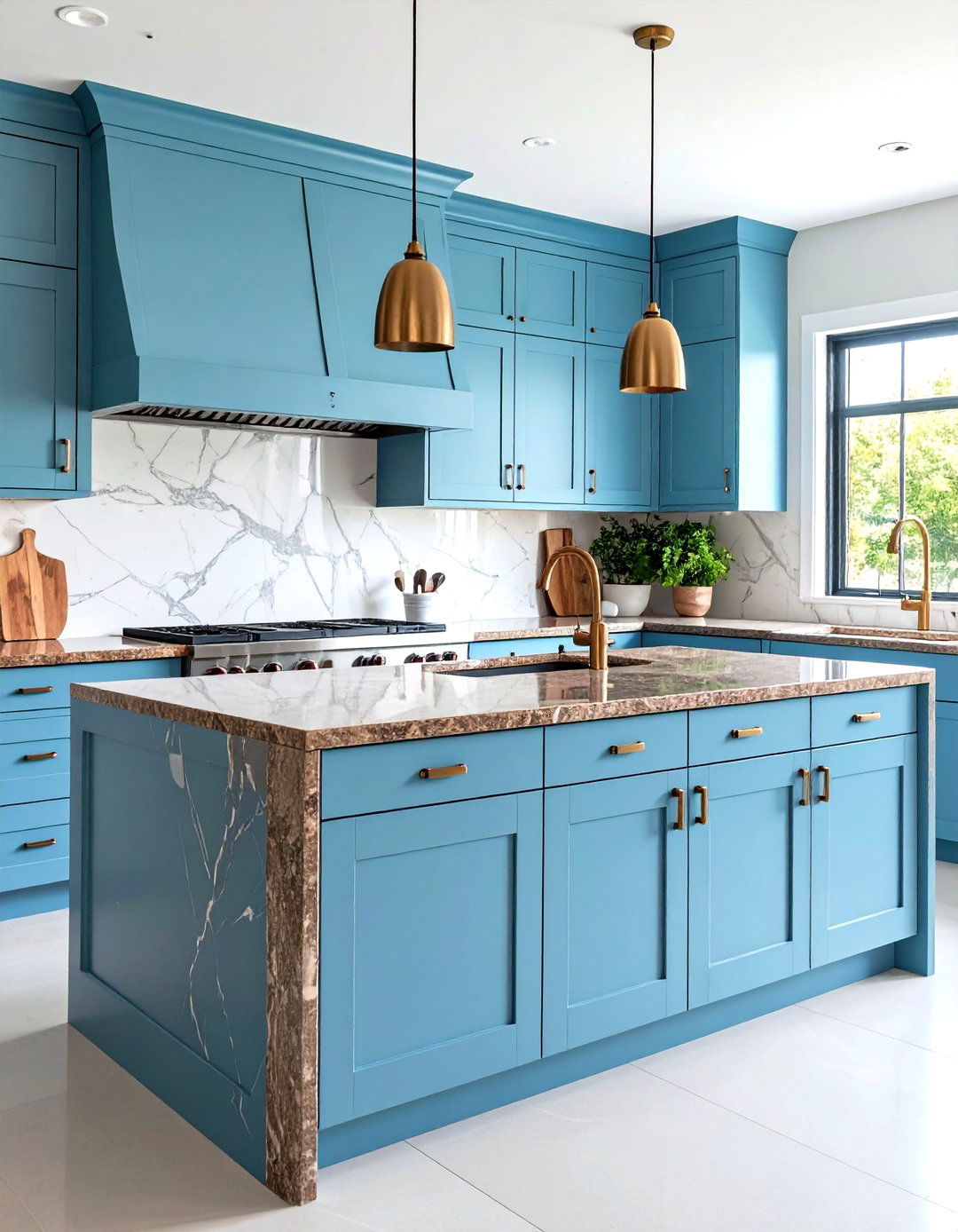 Periwinkle Blue Kitchen Cabinets with Brown Granite Waterfall Countertops - 20 blue kitchen cabinets with brown granite countertops