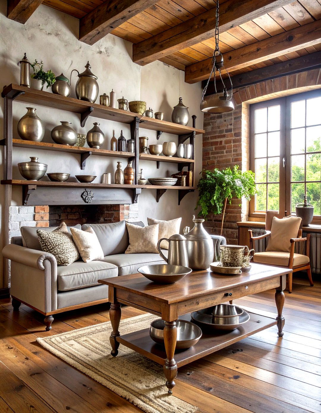 Pewter Focused Primitive Living Room with Period Metals - 20 Primitive Living Room Ideas