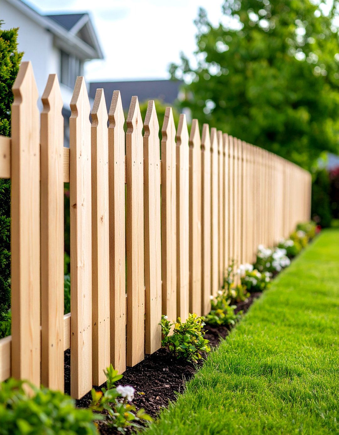 Picket Wood Fence with Decorative Tops - 20 Wood Fence Ideas