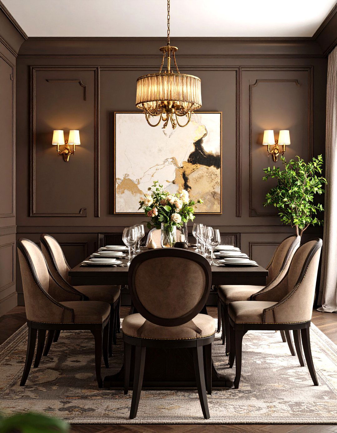 Picture Frame Molding Wall Paneling in Rich Hues - 20 Dining Room Wall Paneling Ideas