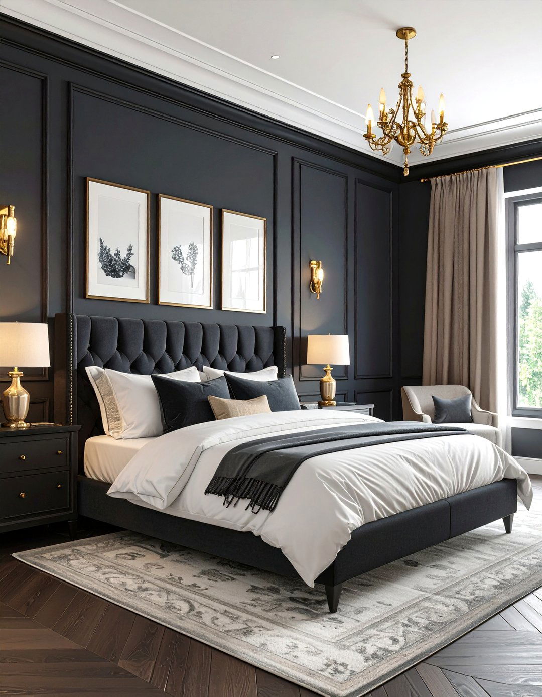 Picture Light Drama Above Black Wainscoting - 20 Black and Gold Bedroom Ideas