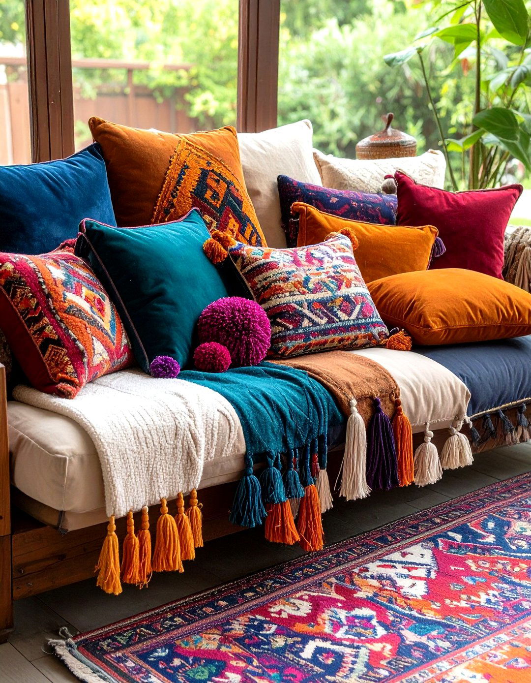 Pile On Tasselled and Pompom Pillows - 20 Bohemian Moroccan Living Room Ideas