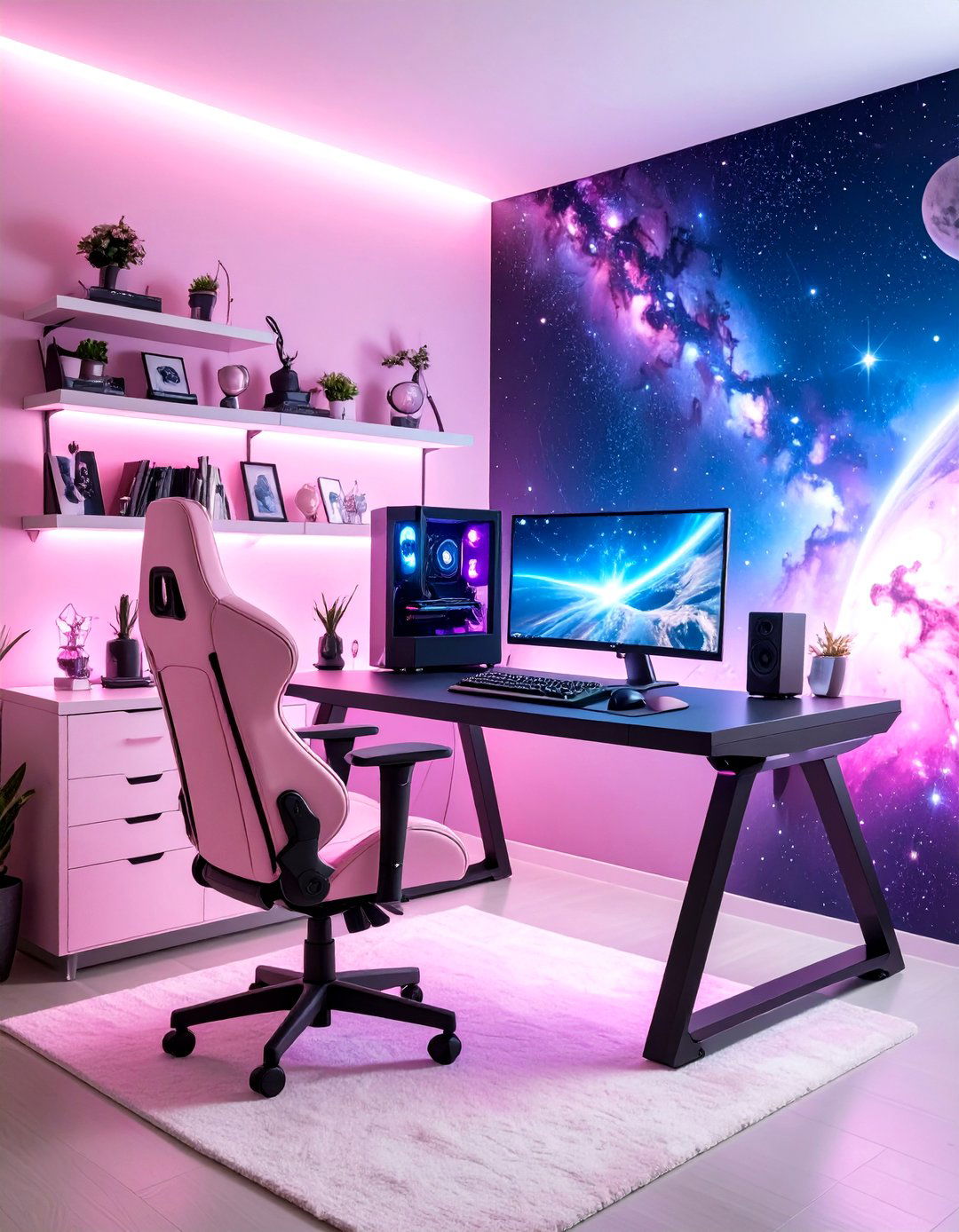 Pink Gaming Setup with Galaxy and Space Themes - 20 Pink Gaming Setup Ideas