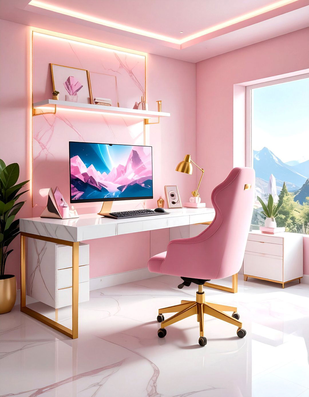 Pink Gaming Setup with Marble and Gold Elements - 20 Pink Gaming Setup Ideas