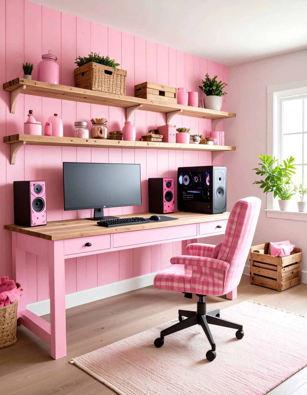 Pink Gaming Setup with Modern Farmhouse Charm - 20 Pink Gaming Setup Ideas