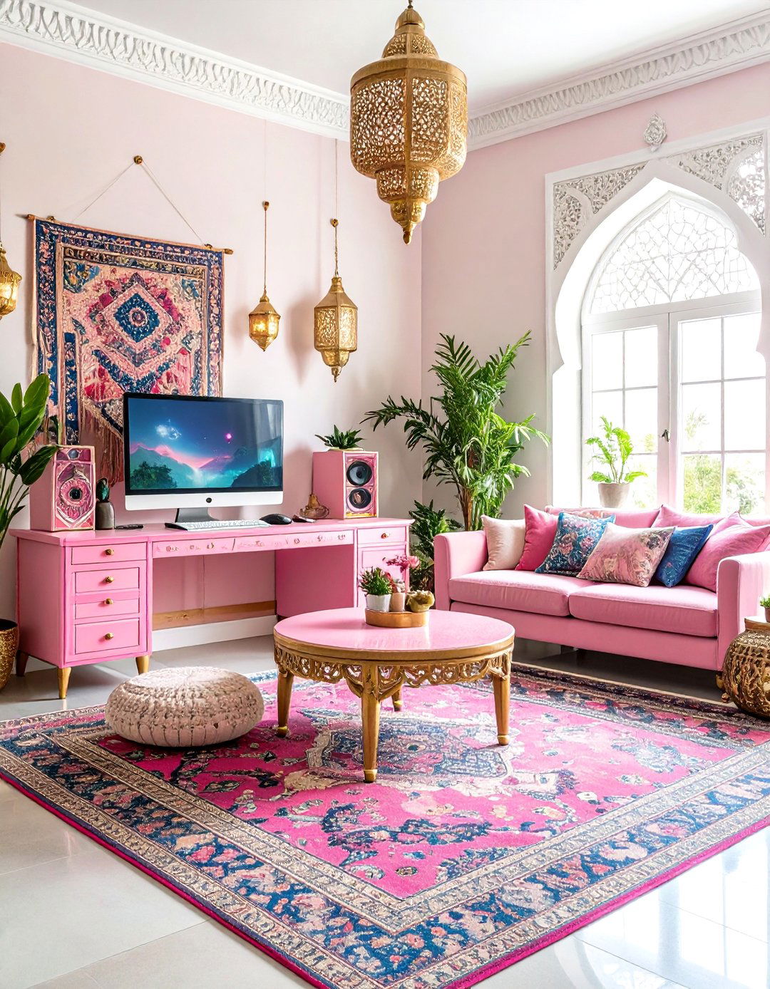 Pink Gaming Setup with Moroccan Bohemian Flair - 20 Pink Gaming Setup Ideas