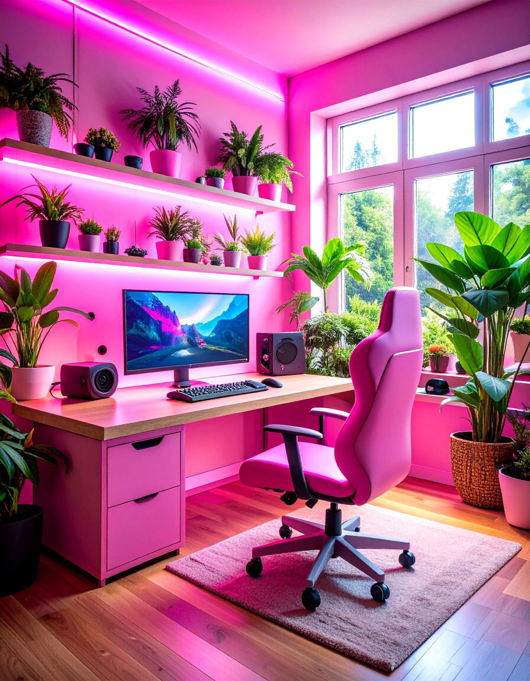 Pink Gaming Setup with Plant Paradise Integration - 20 Pink Gaming Setup Ideas