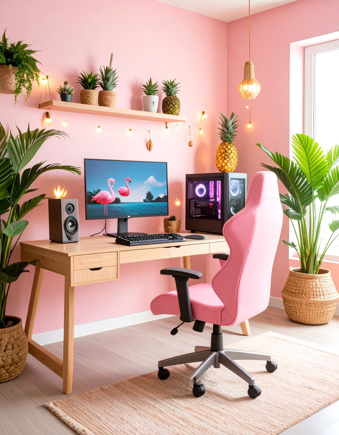 Pink Gaming Setup with Tropical Paradise Vibes - 20 Pink Gaming Setup Ideas