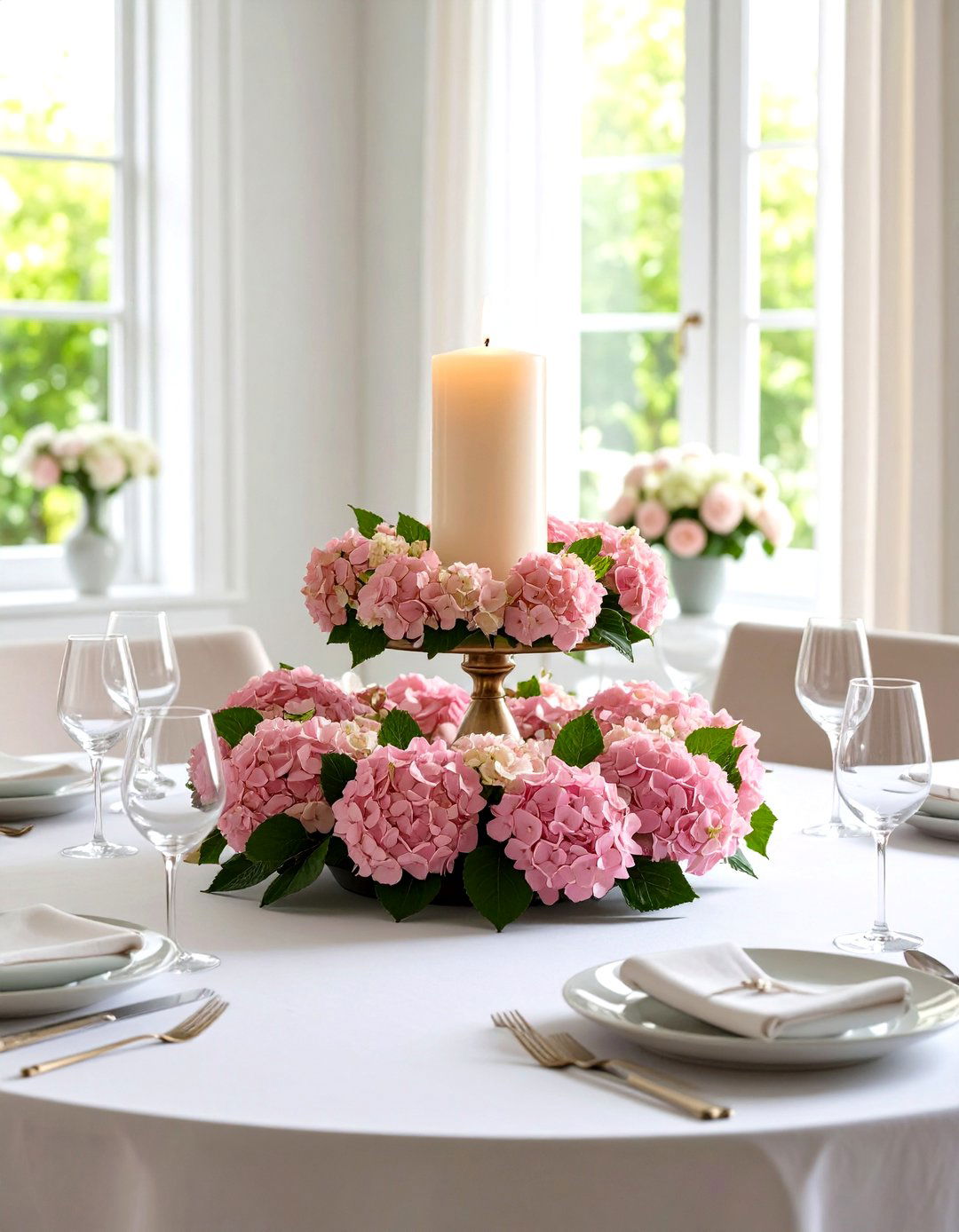 Pink Hydrangea Candle Ring Centerpiece - 20 Hydrangea Centerpiece Ideas