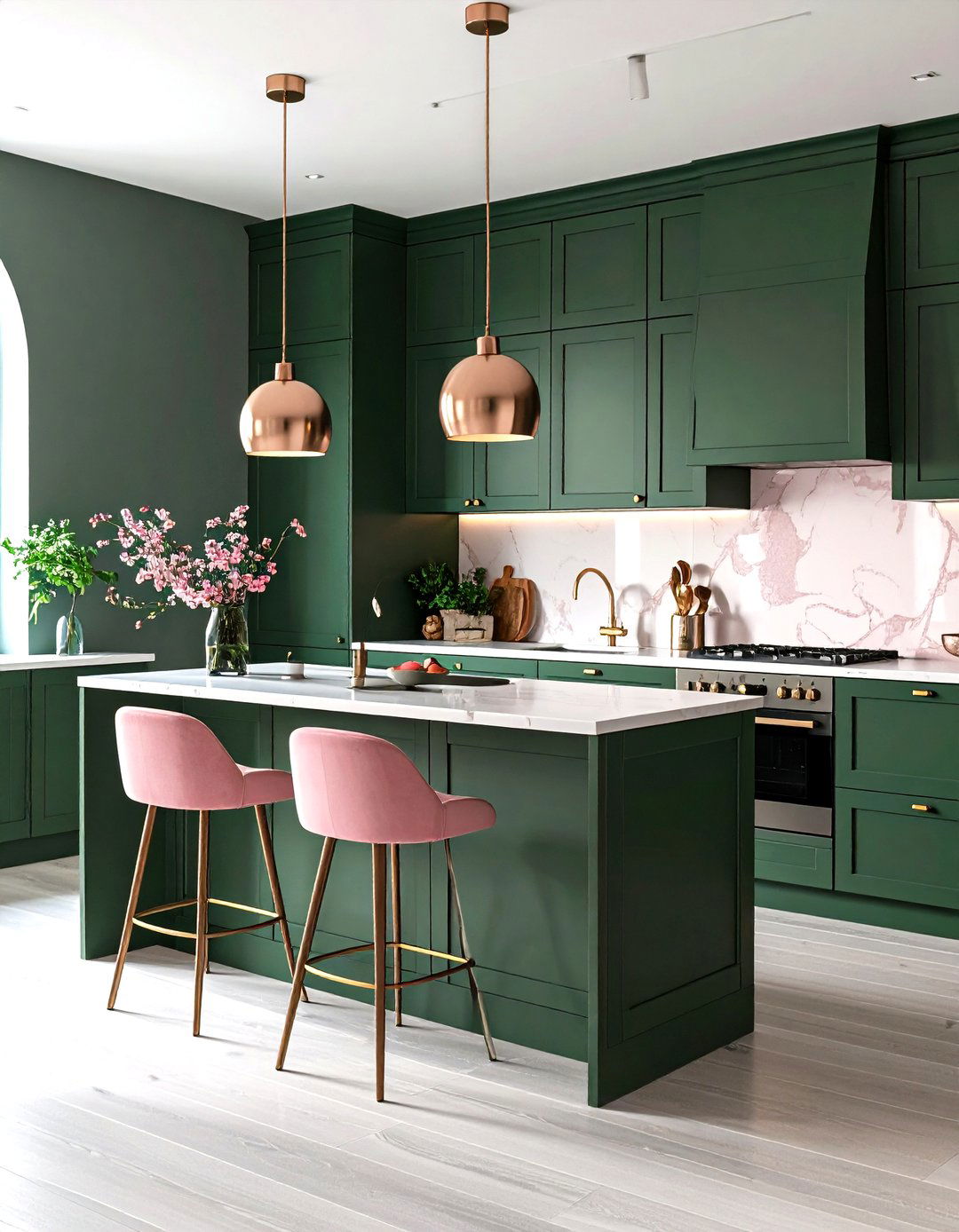 Pink Pairings With a Dark Green Kitchen - 20 Dark Green Kitchen Ideas