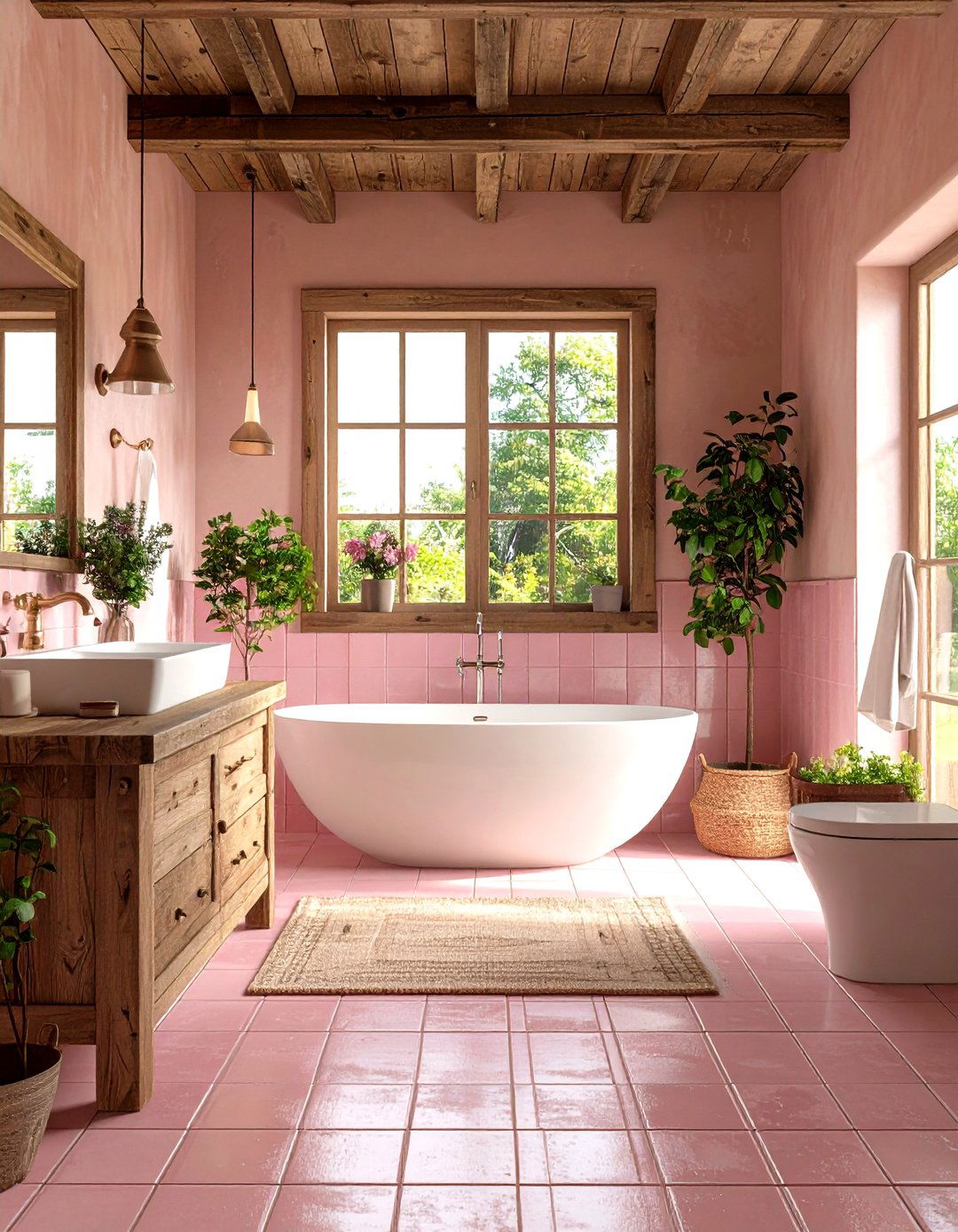 Pink Tile Rustic Farmhouse Bathroom - 20 Pink Tile Bathroom Ideas