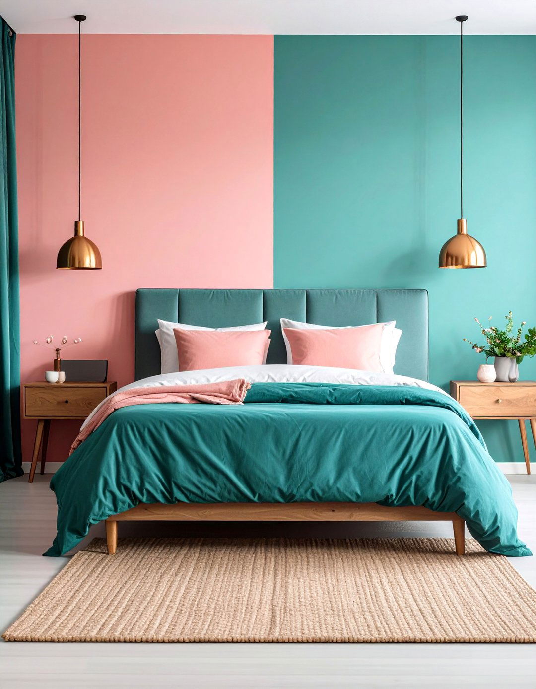 Pink Upholstered Bed with Teal Accents - 20 Teal and Pink Bedroom Ideas