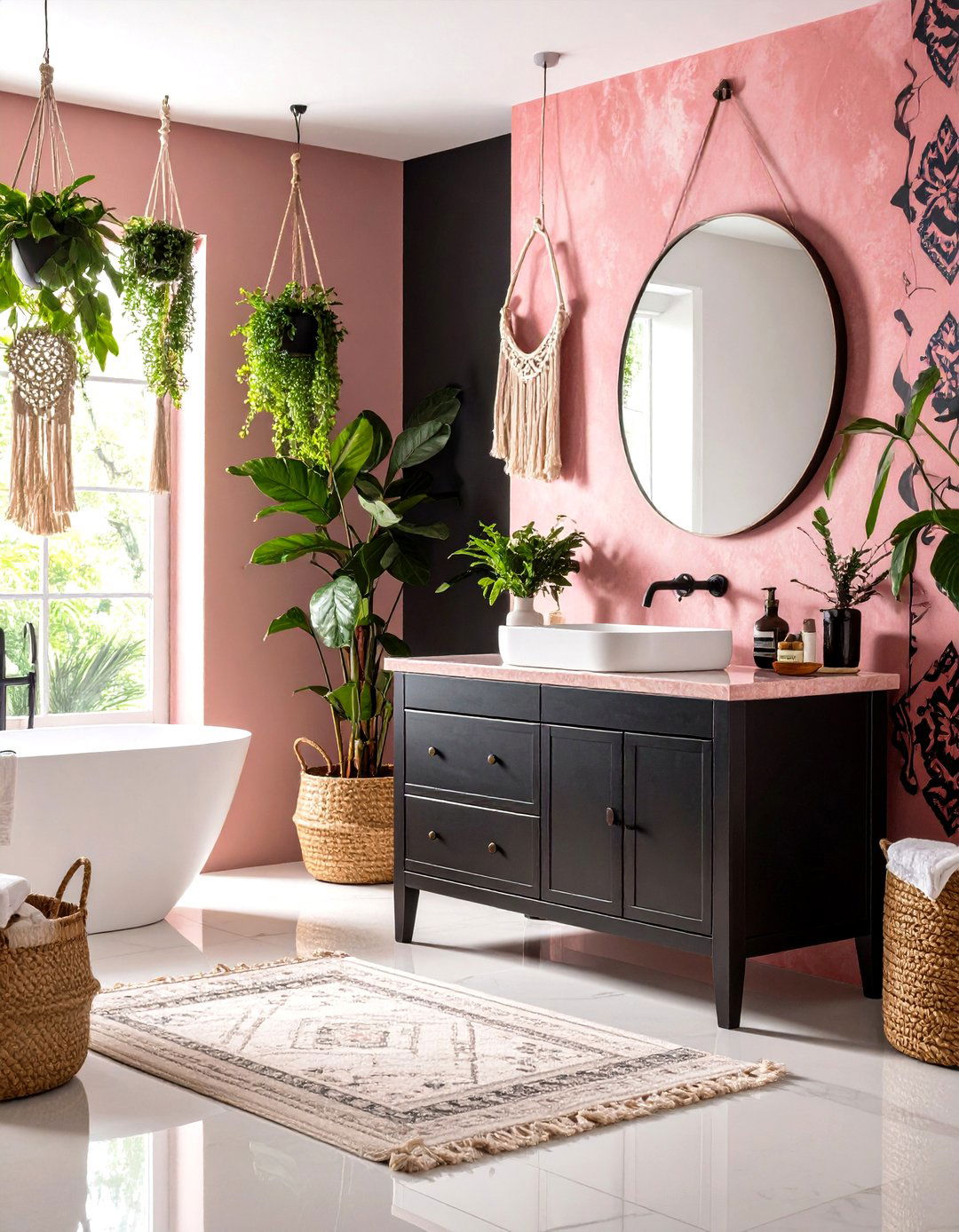 Pink and Black Bohemian Bathroom - 20 Pink and Black Bathroom Ideas