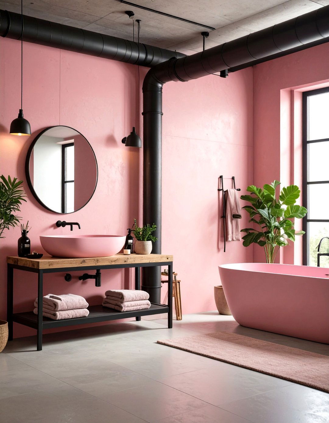 Pink and Black Industrial Chic Bathroom - 20 Pink and Black Bathroom Ideas