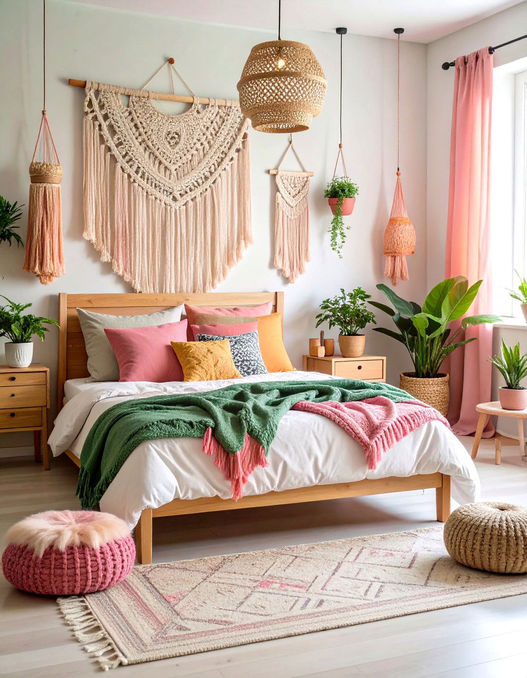 Pink and Green Bedroom with Bohemian Layered Textures - 20 Pink and Green Bedroom Ideas