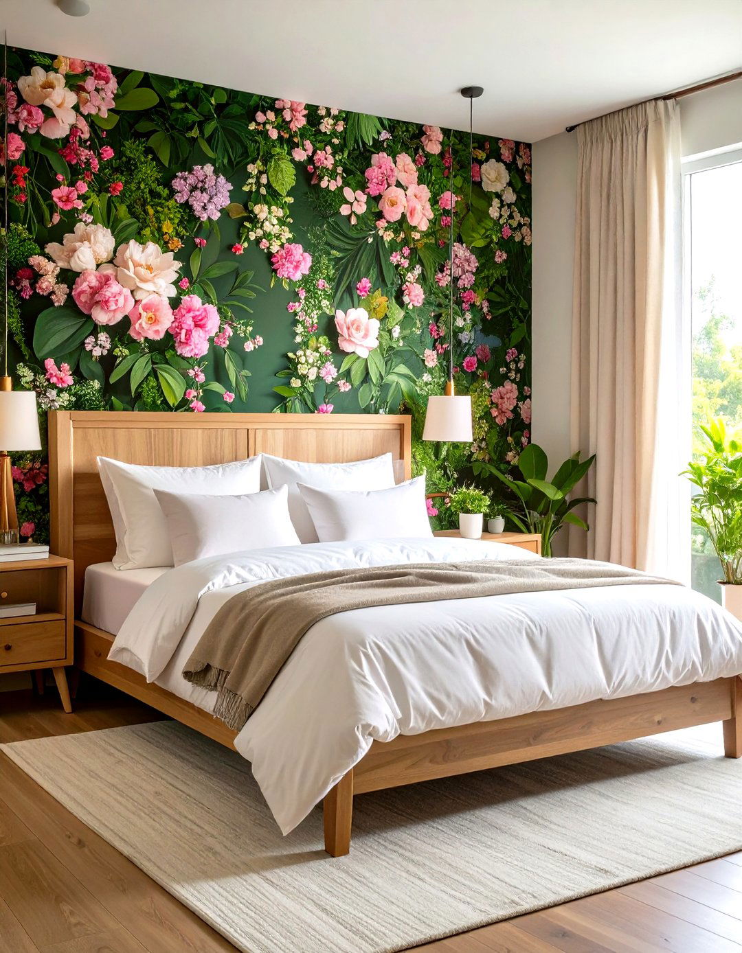 Pink and Green Bedroom with Botanical Floral Wallpaper - 20 Pink and Green Bedroom Ideas