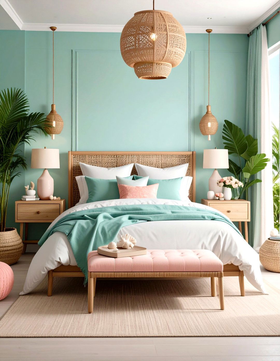 Pink and Green Bedroom with Coastal Tropical Paradise - 20 Pink and Green Bedroom Ideas