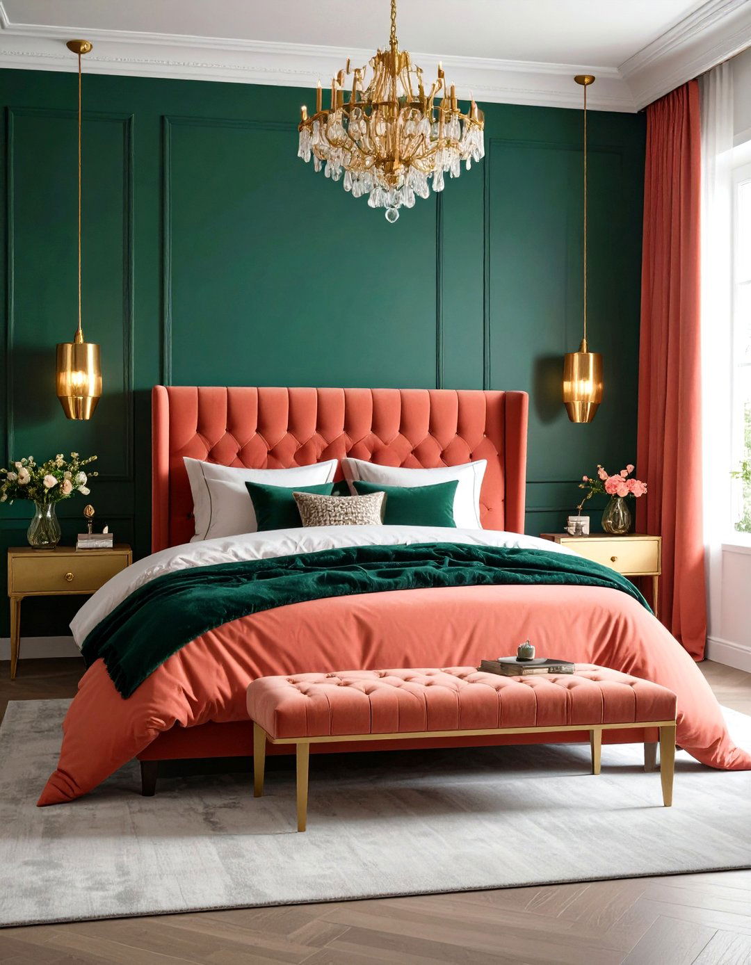 Pink and Green Bedroom with Emerald and Coral Bold Contrast - 20 Pink and Green Bedroom Ideas