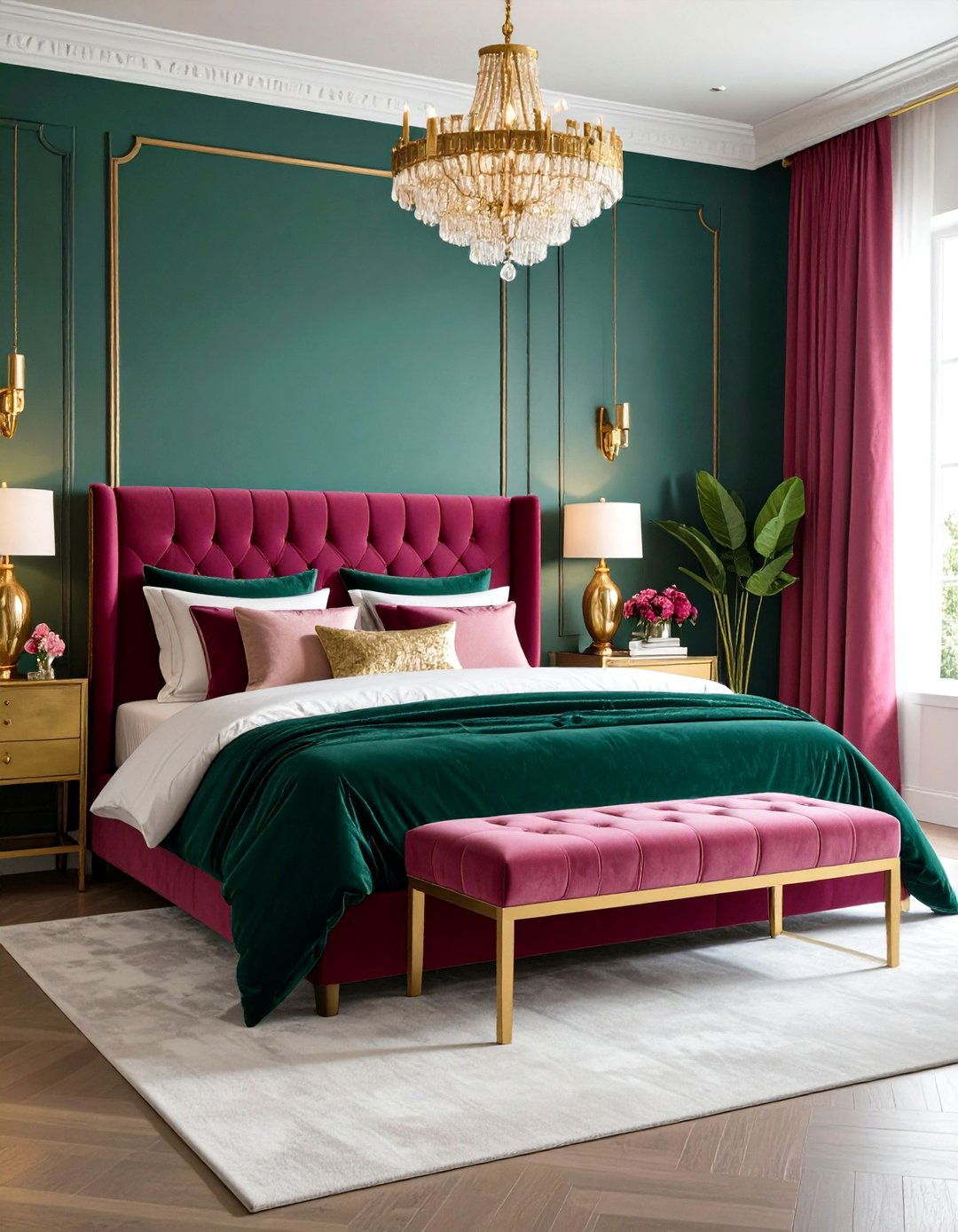 Pink and Green Bedroom with Luxurious Velvet Textures - 20 Pink and Green Bedroom Ideas