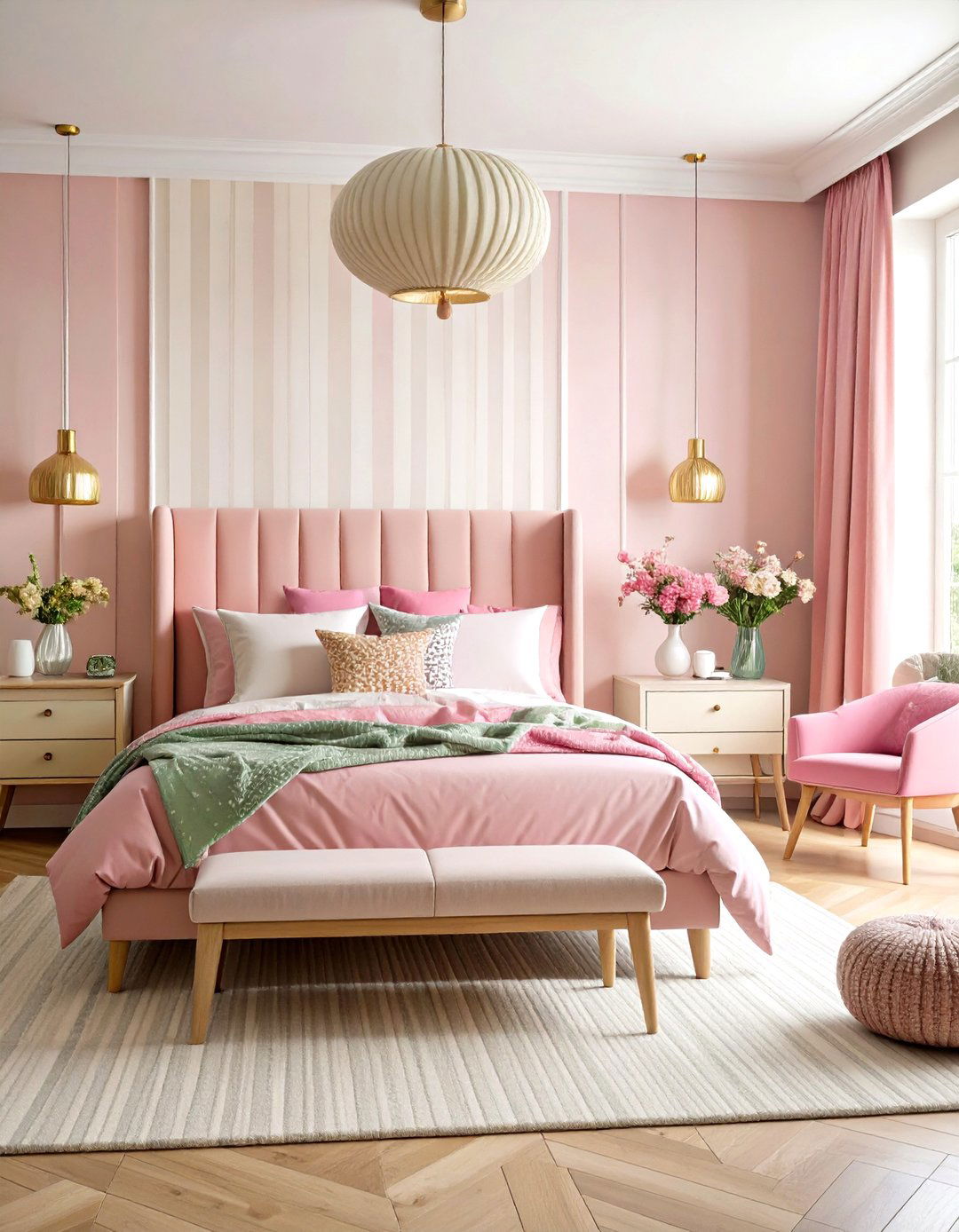 Pink and Green Bedroom with Maximalist Pattern Mixing - 20 Pink and Green Bedroom Ideas